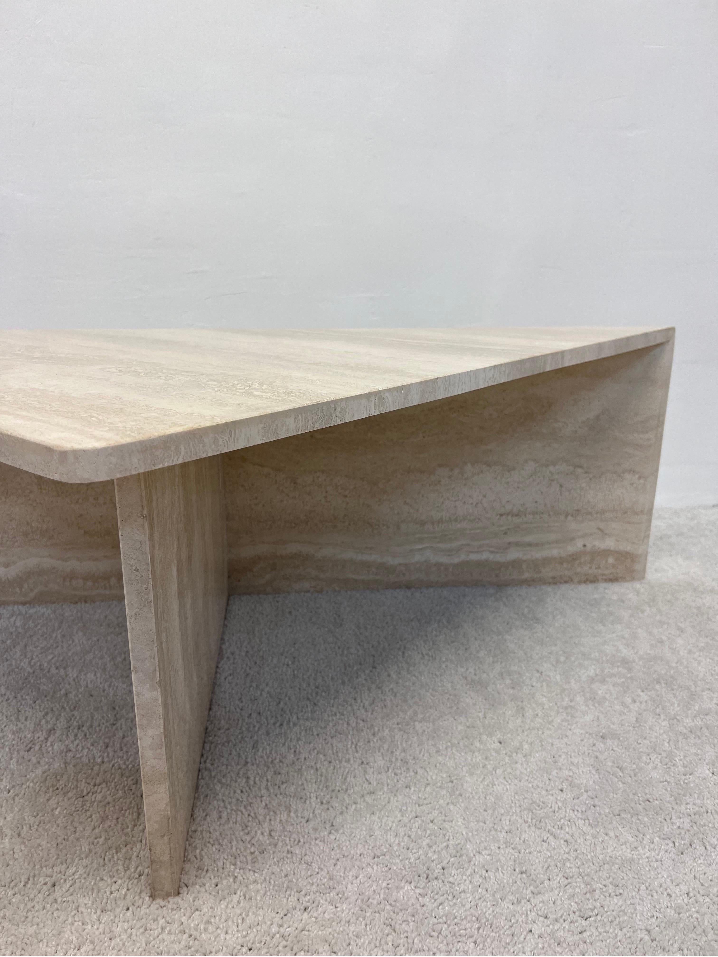 Polished Italian Travertine Triangle Coffee Tables, 1970s, a Pair 3