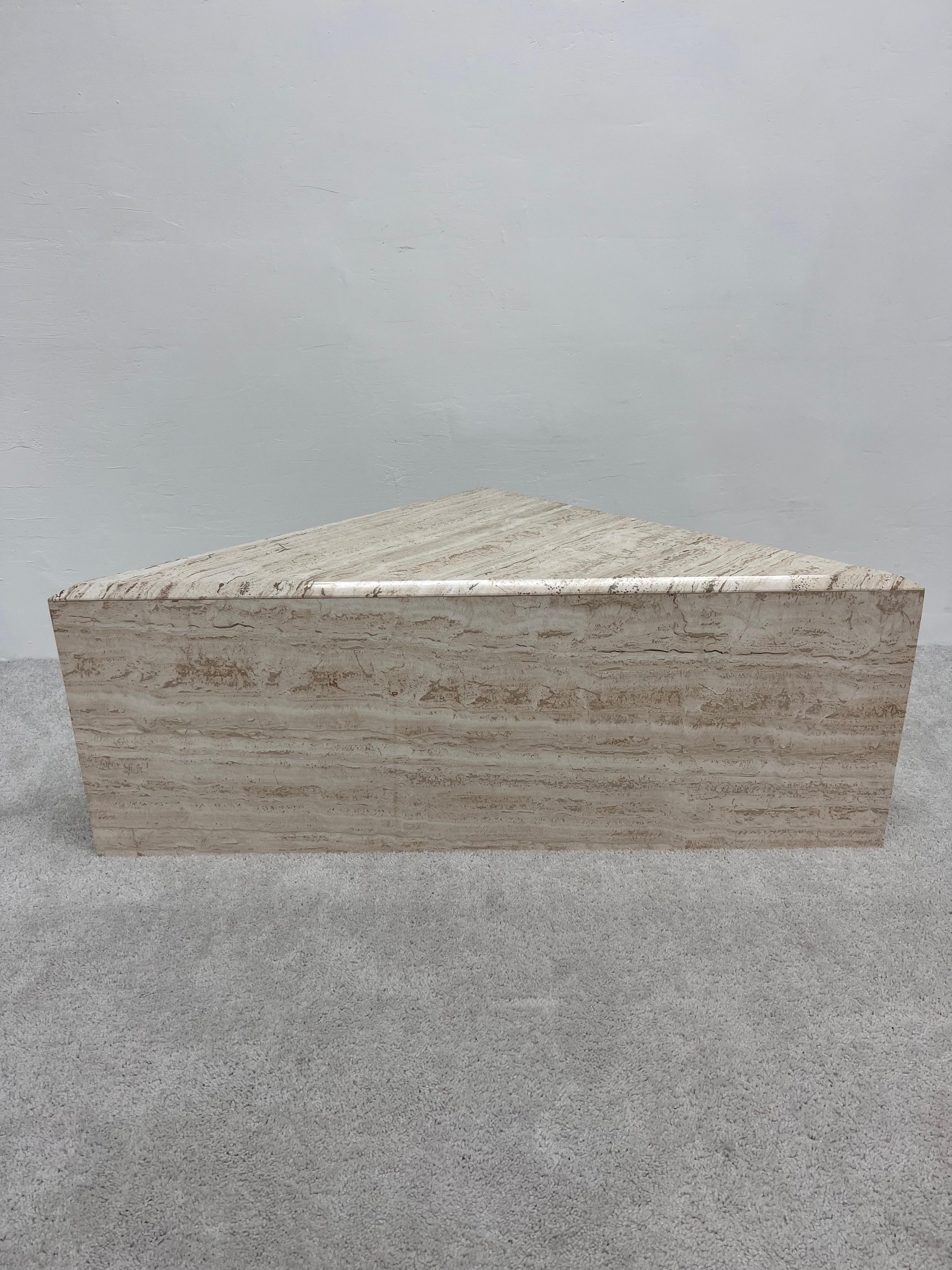 Polished Italian Travertine Triangle Coffee Tables - Set of Two 7