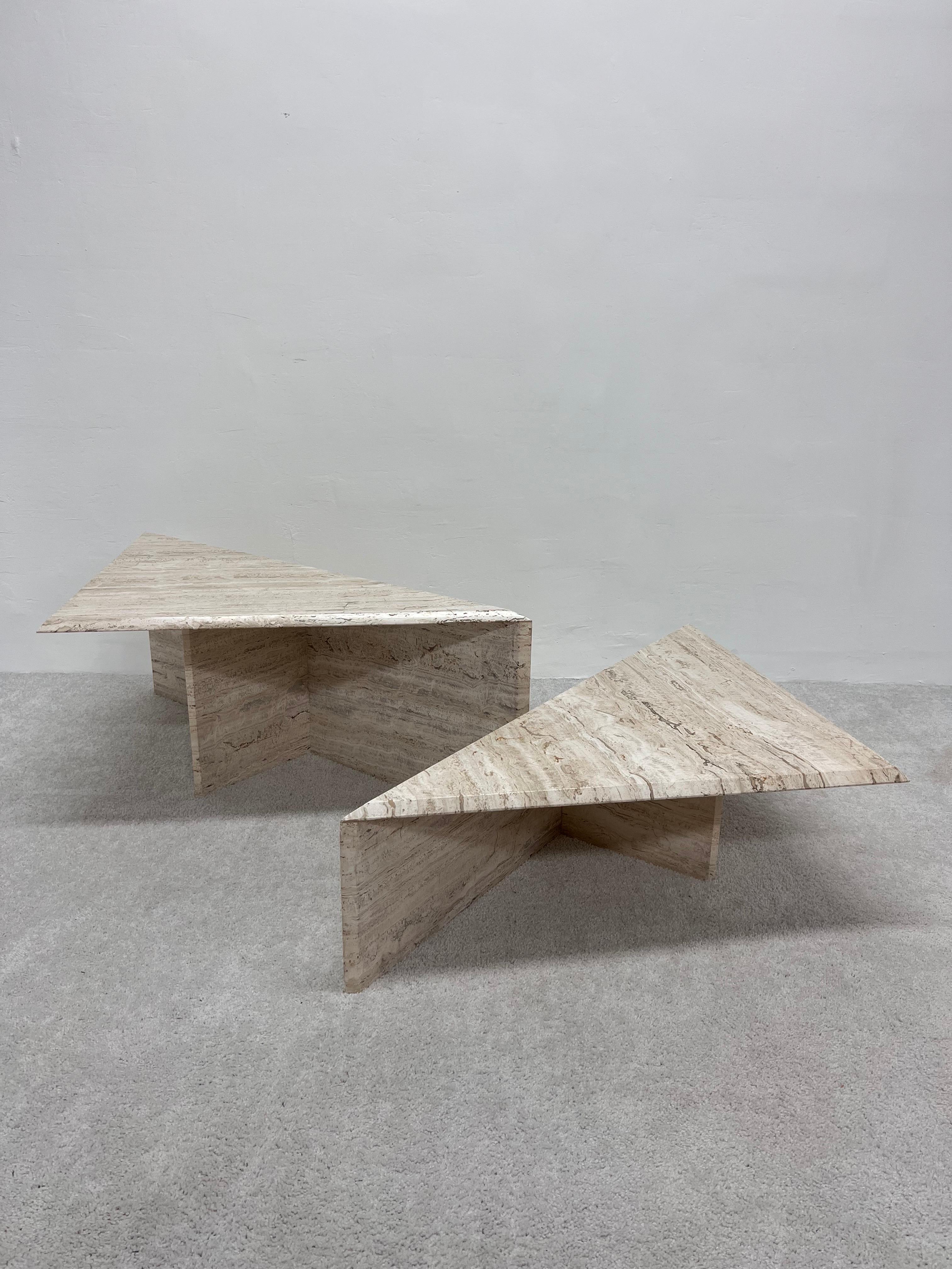 Polished Italian Travertine Triangle Coffee Tables - Set of Two 11