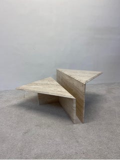 Polished Italian Travertine Triangle Coffee Tables, Set of Two