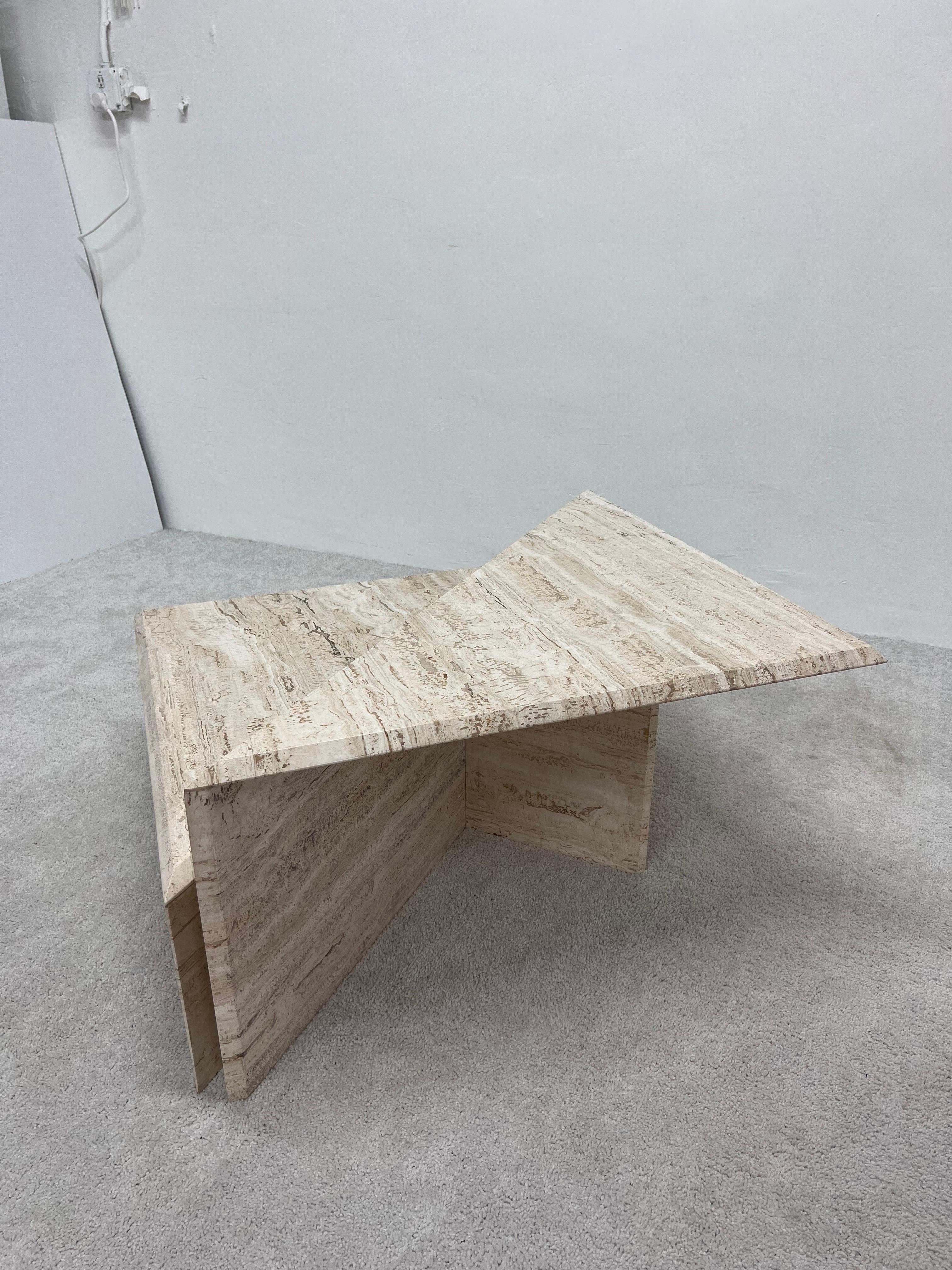 Mid-Century Modern Polished Italian Travertine Triangle Coffee Tables - Set of Two