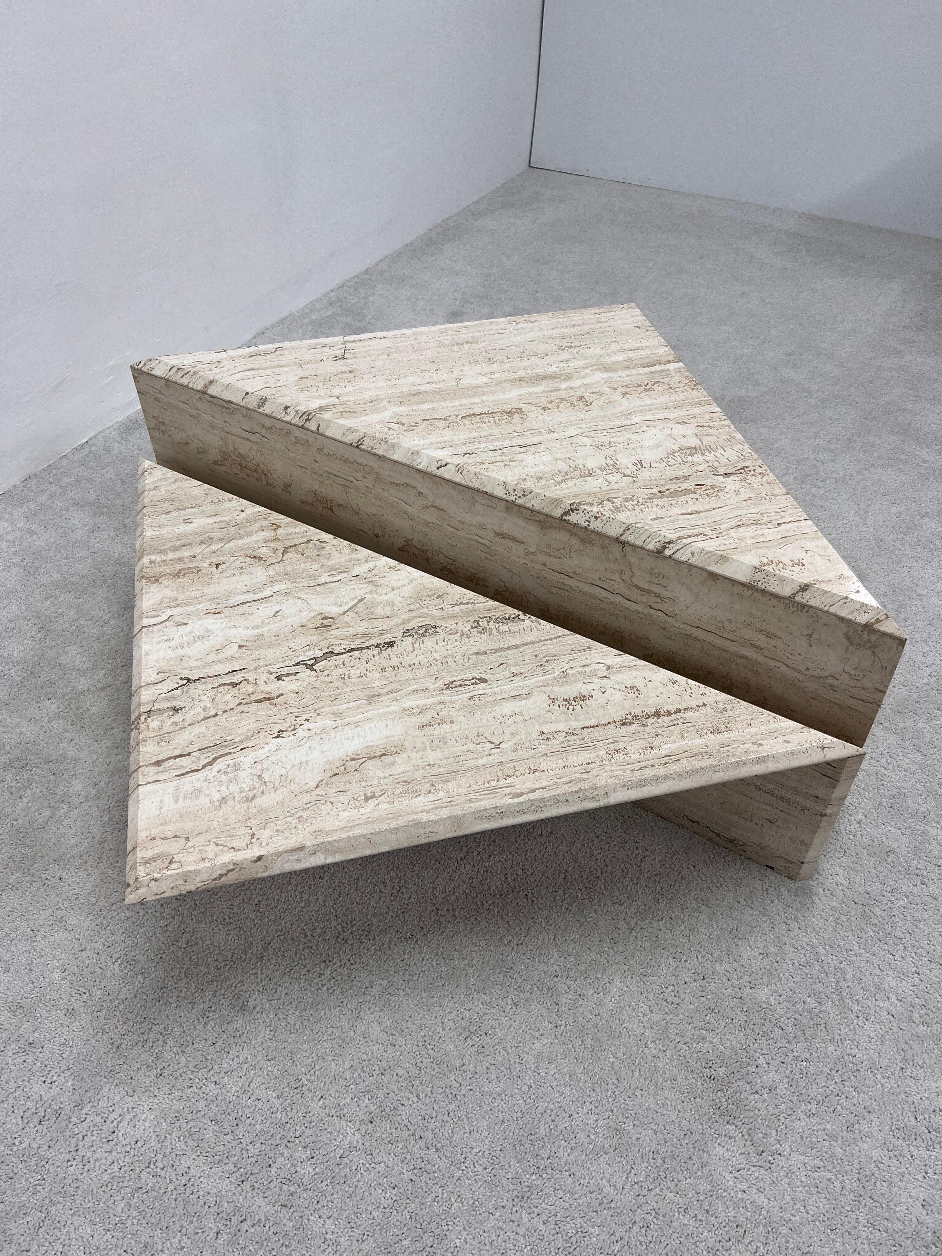 Polished Italian Travertine Triangle Coffee Tables - Set of Two In Good Condition In Miami, FL