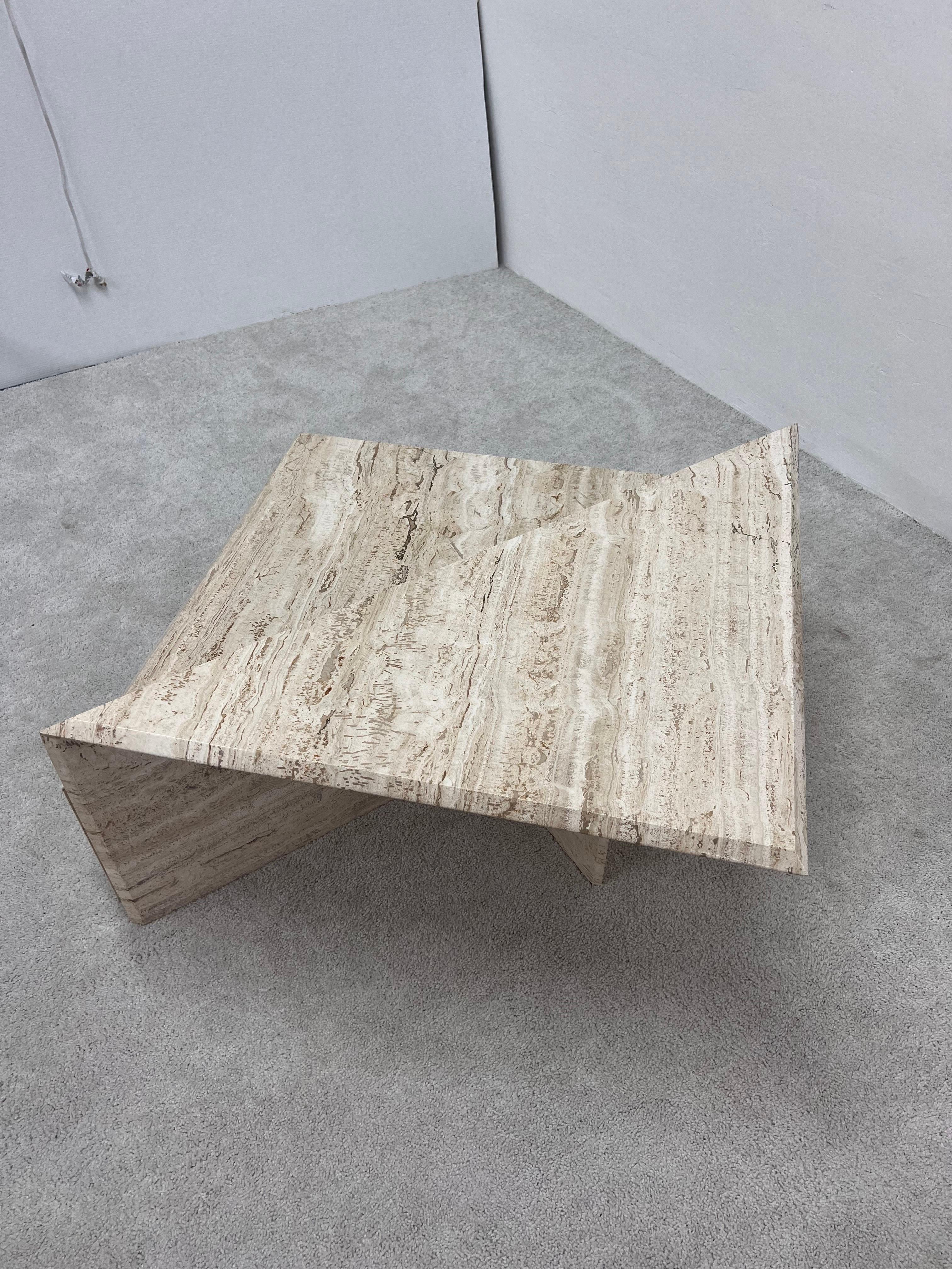 20th Century Polished Italian Travertine Triangle Coffee Tables - Set of Two