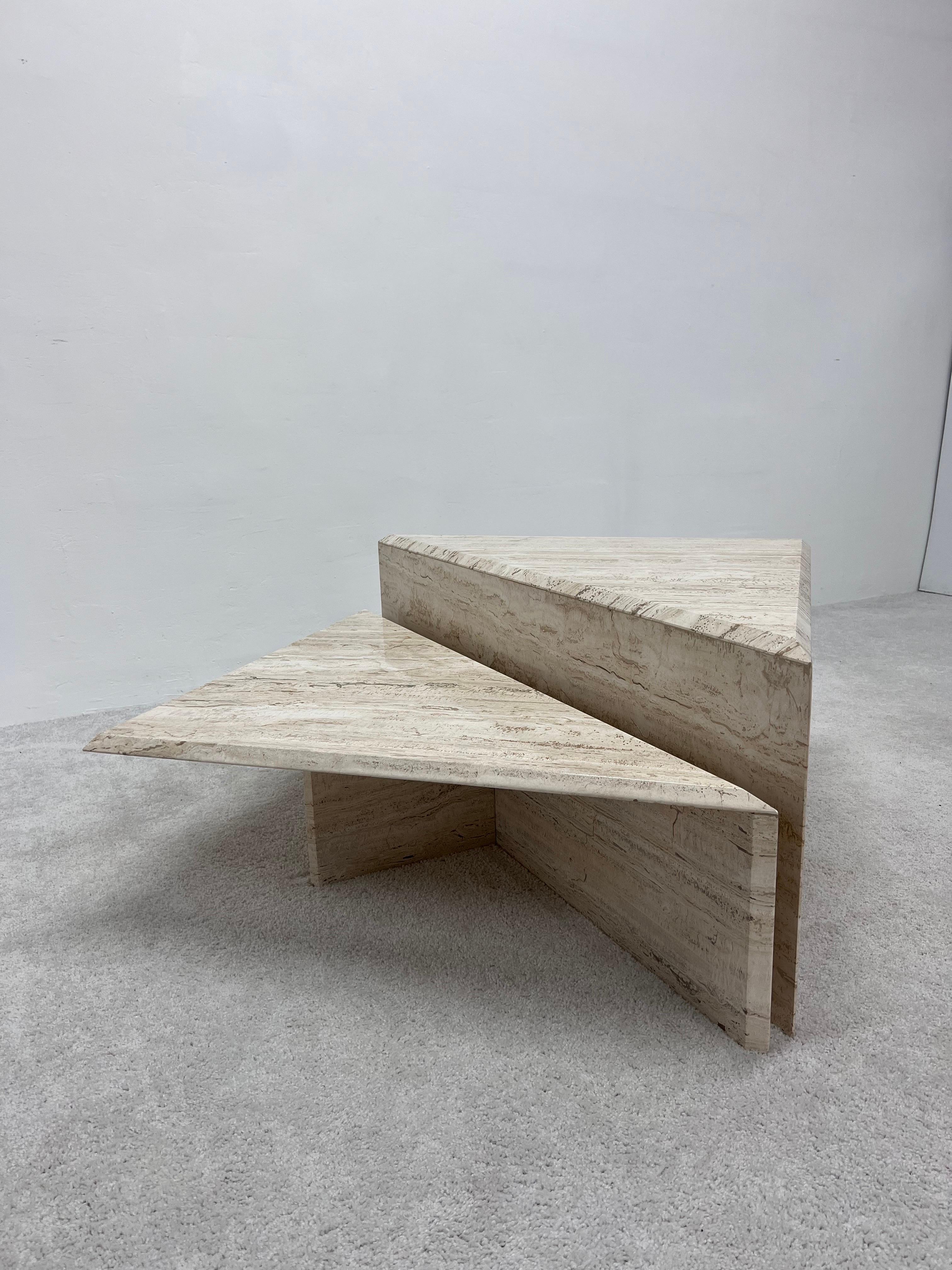 Polished Italian Travertine Triangle Coffee Tables - Set of Two 2