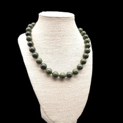 Polished Jade Bead Necklace, Sterling Silver Clasp, Vintage, Collar