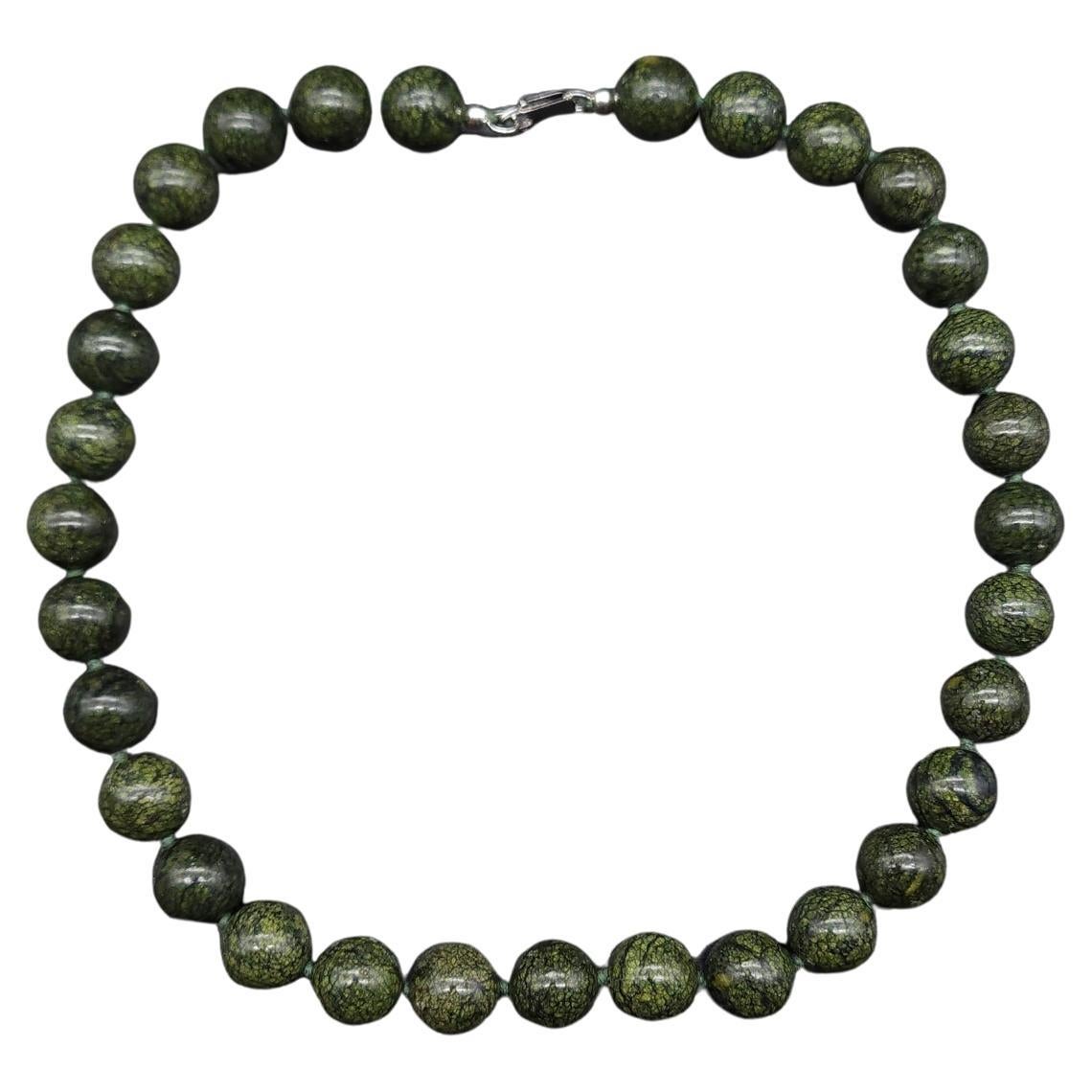 Polished Jade Bead Necklace, Sterling Silver Clasp, Vintage, Collar For Sale