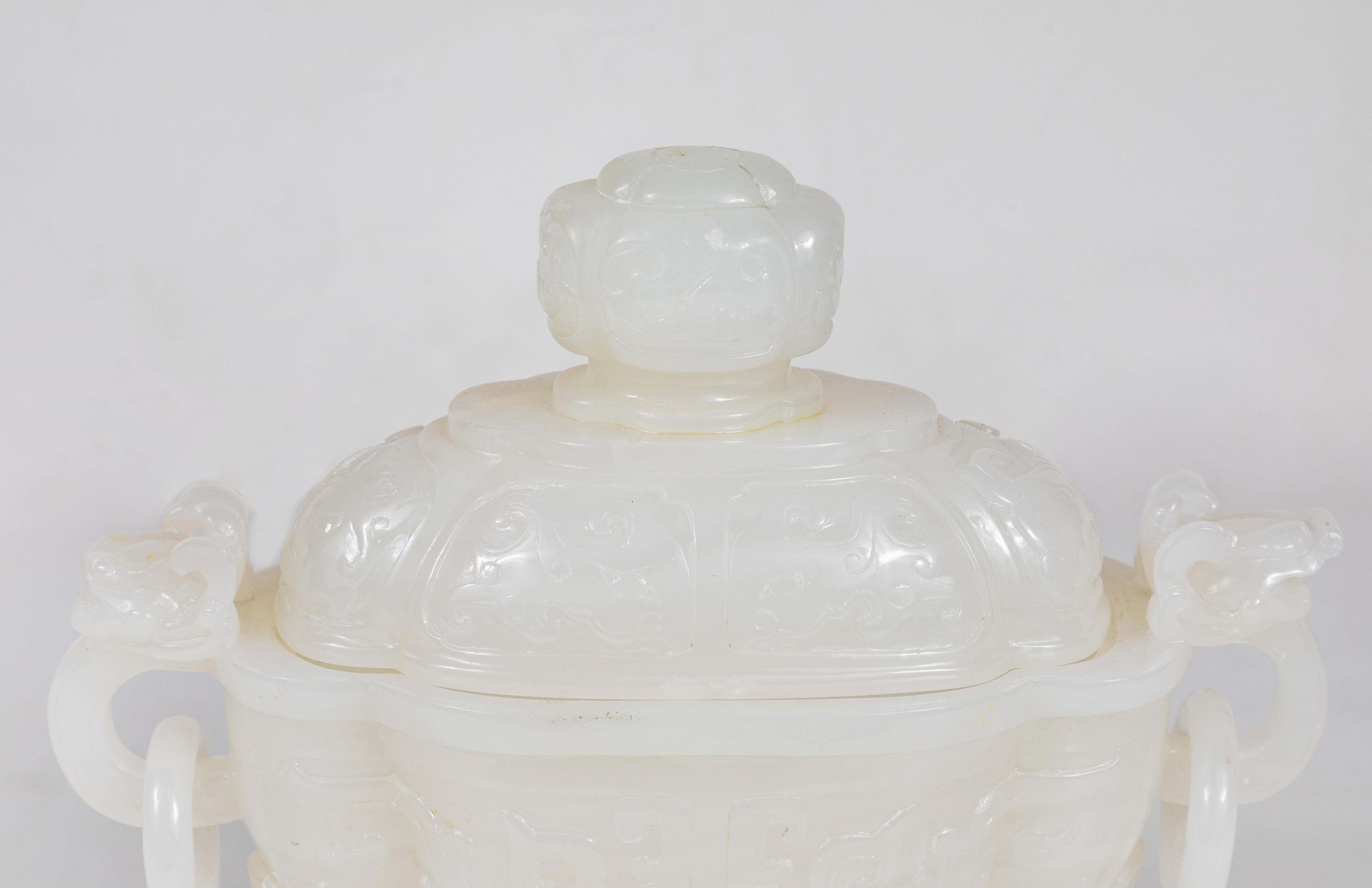 Carved Polished Jade, Covered Urn