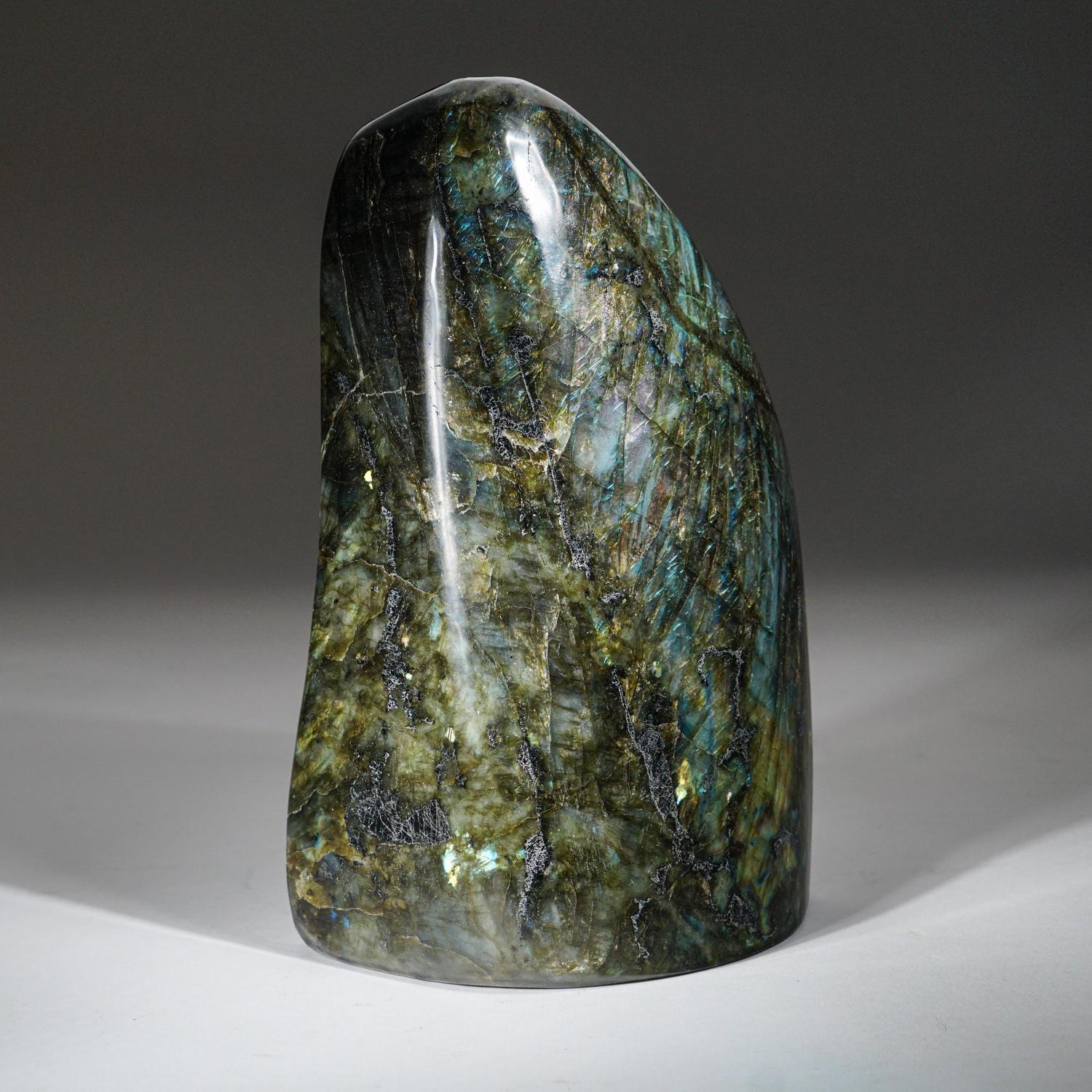 Handmade polished Labradorite freeform with beautiful iridescent play of colors of blue, yellow and red which is caused by internal fractures in the mineral that reflect light back and forth, dispersing it into different colors.

Highly mystical,