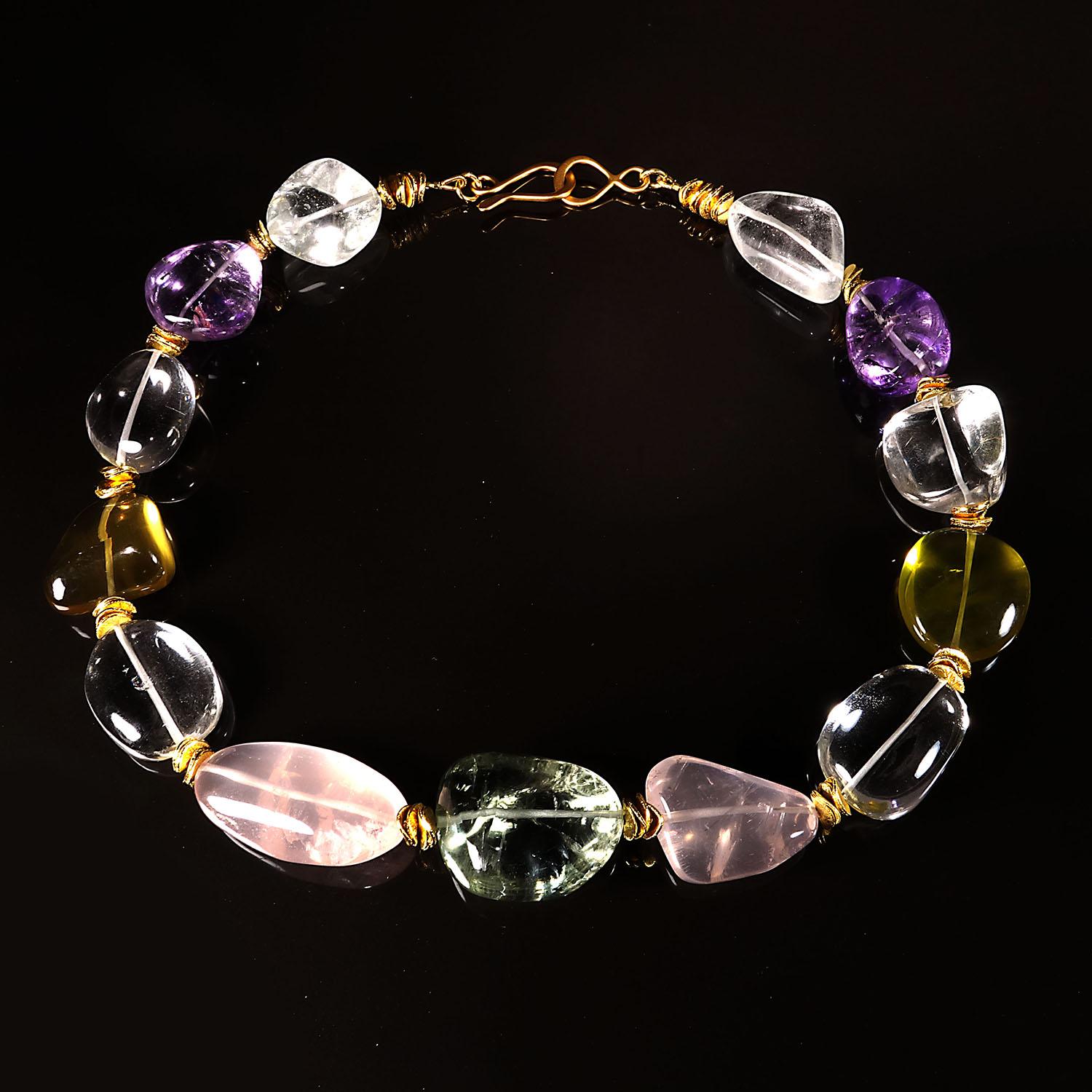 Polished Large Nugget Multi-Color Gemstone Necklace with Gold Vermeil Clasp 8