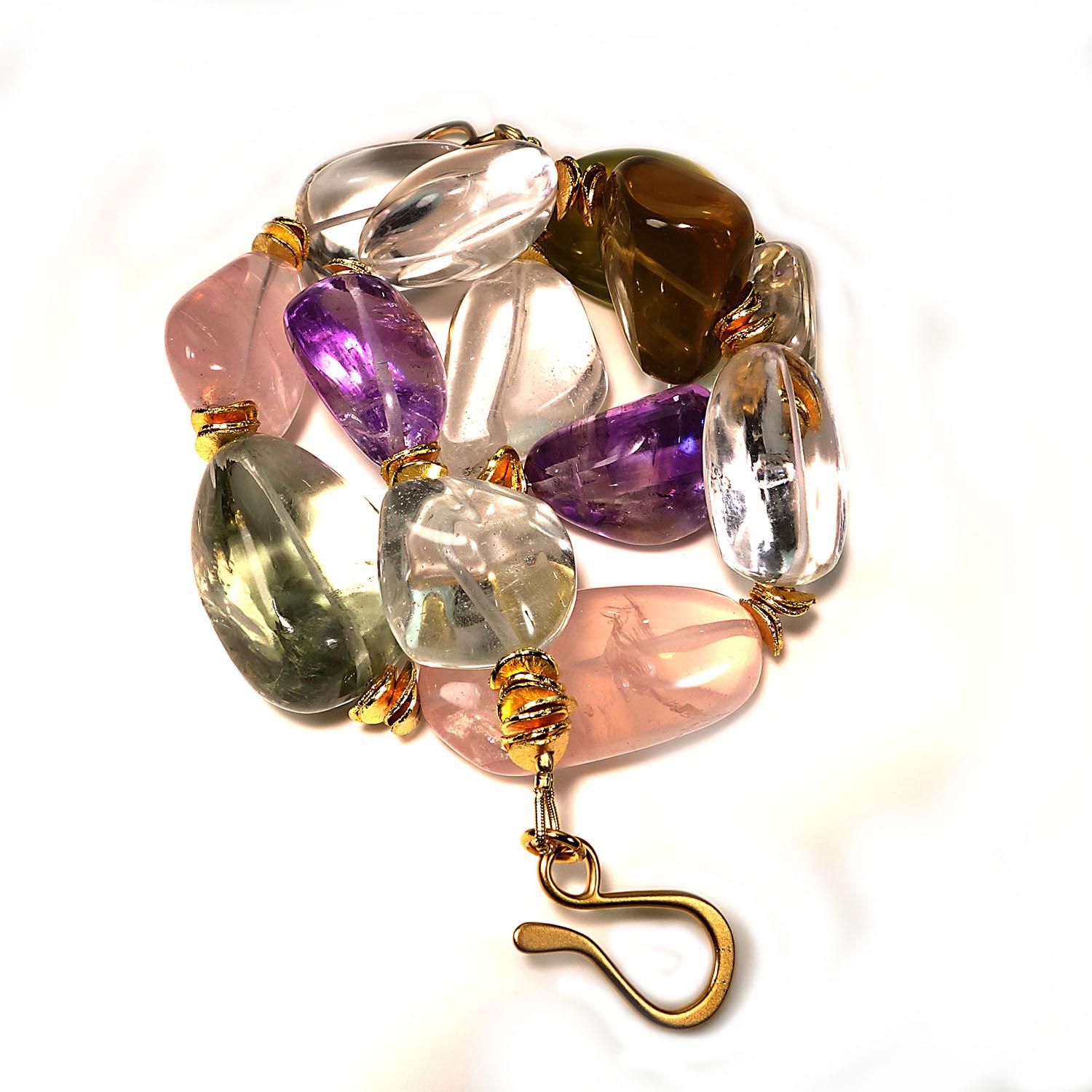 Polished Large Nugget Multi-Color Gemstone Necklace with Gold Vermeil Clasp In New Condition In Raleigh, NC