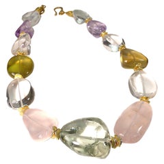 Polished Large Nugget Multi-Color Gemstone Necklace with Gold Vermeil Clasp