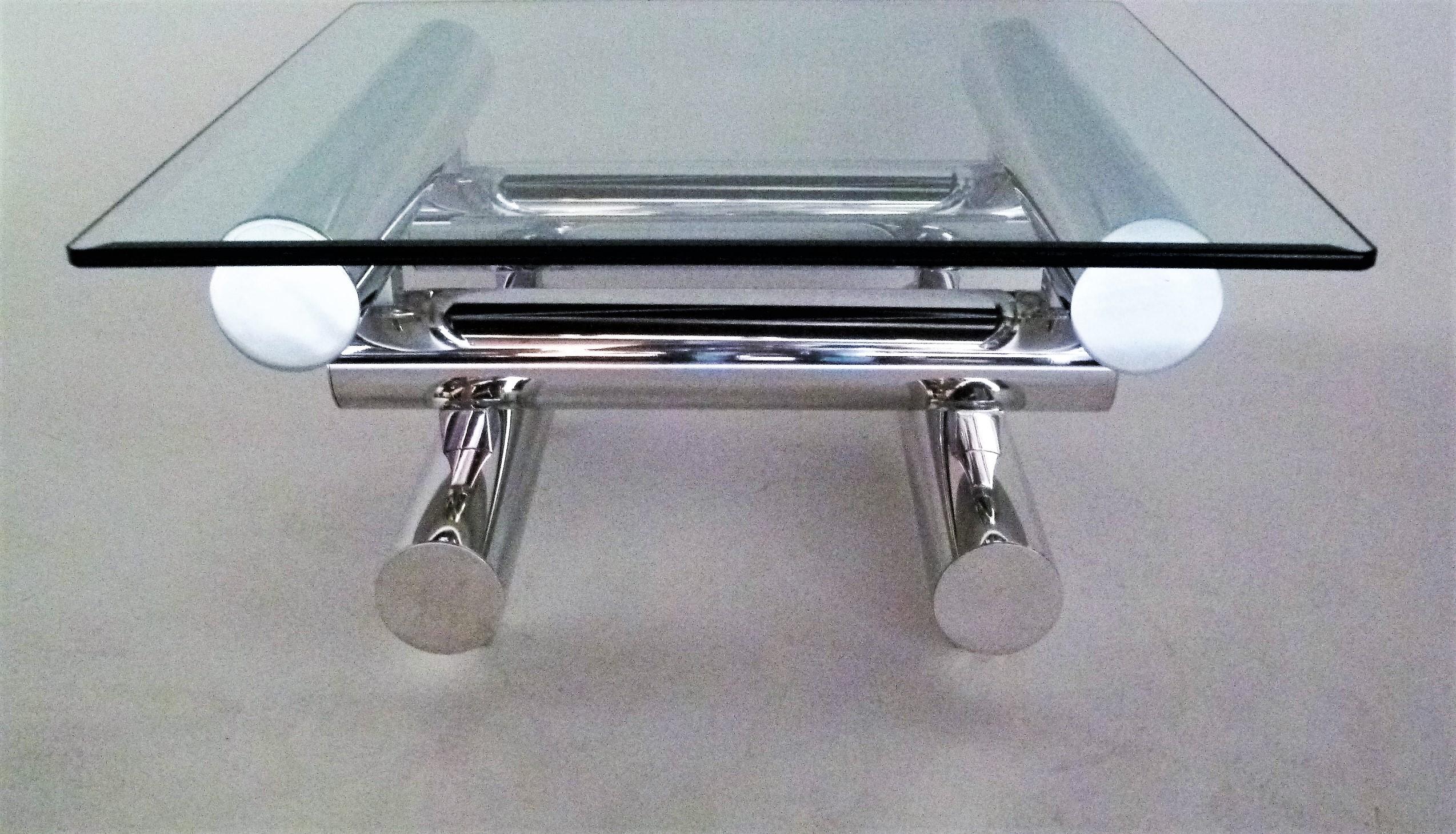 Glass Polished Large Tubular Aluminum Cocktail Side Table in the Style of Paul Mayen
