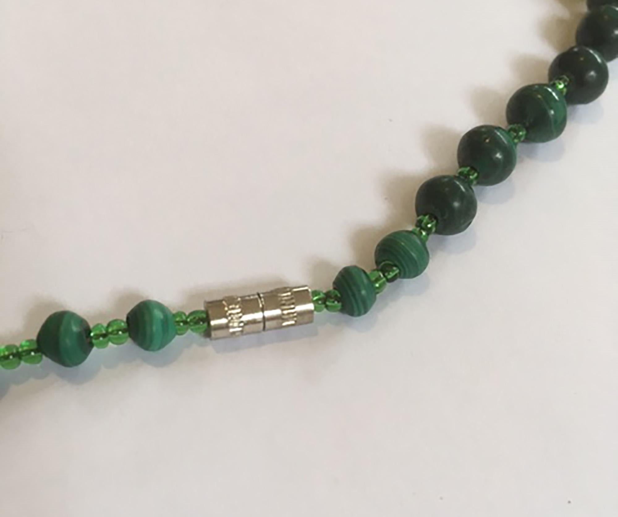 Congolese Polished Malachite and Glass Necklace For Sale