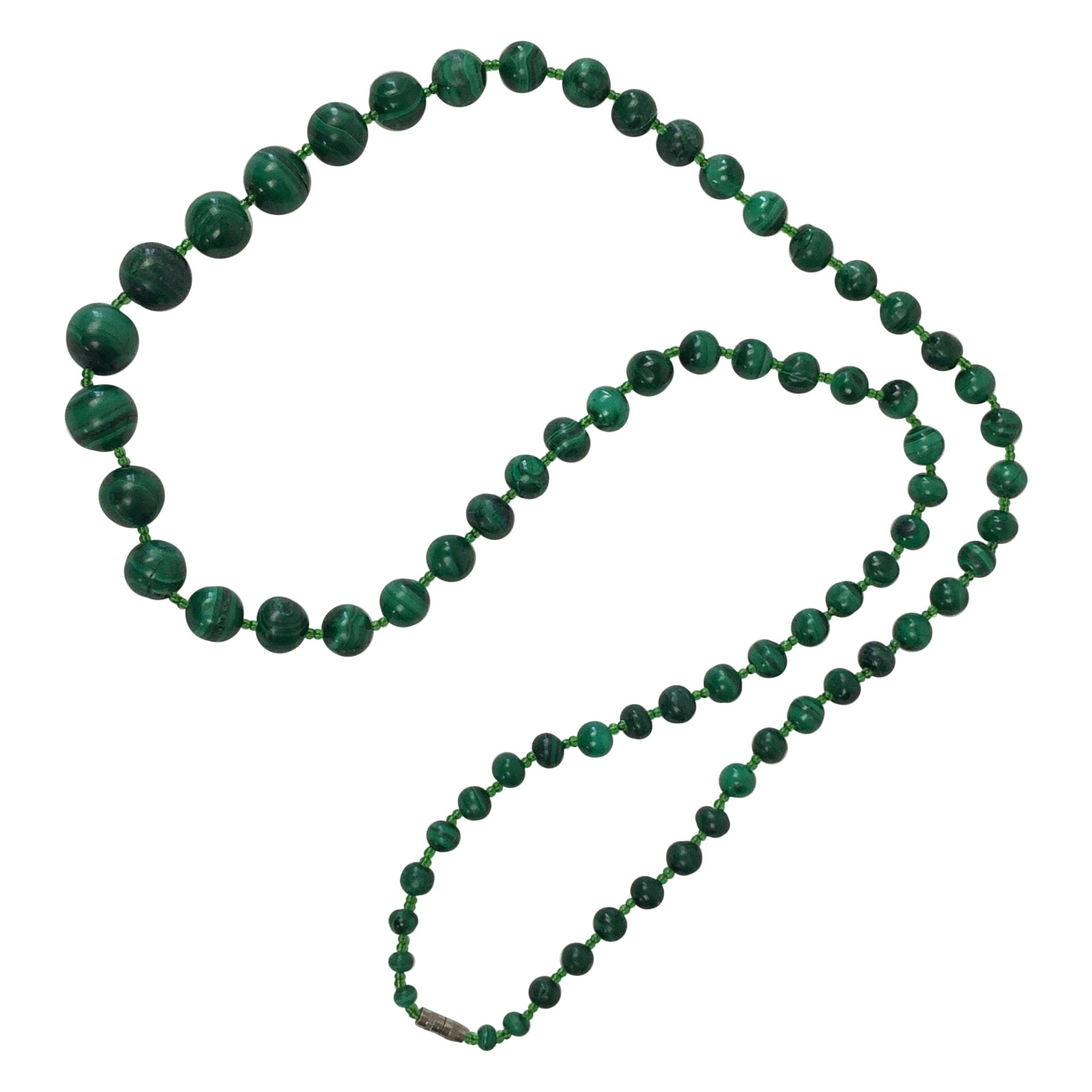 Polished Malachite and Glass Necklace For Sale