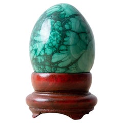 Polished Malachite Egg on Wooden Stand, c.1980