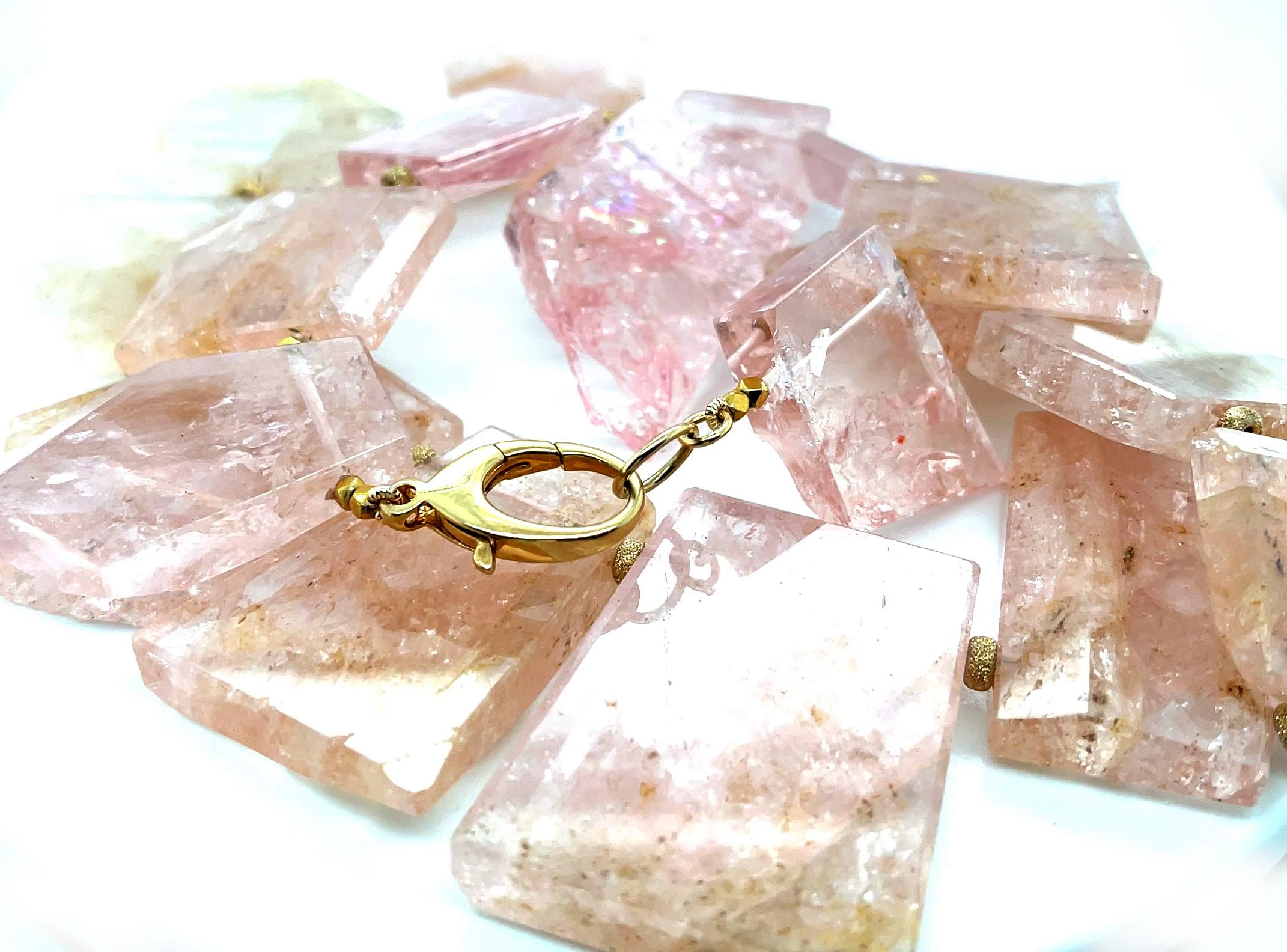 Artisan Polished Morganite and 14k Yellow Gold Beaded Necklace, 18 Inches For Sale