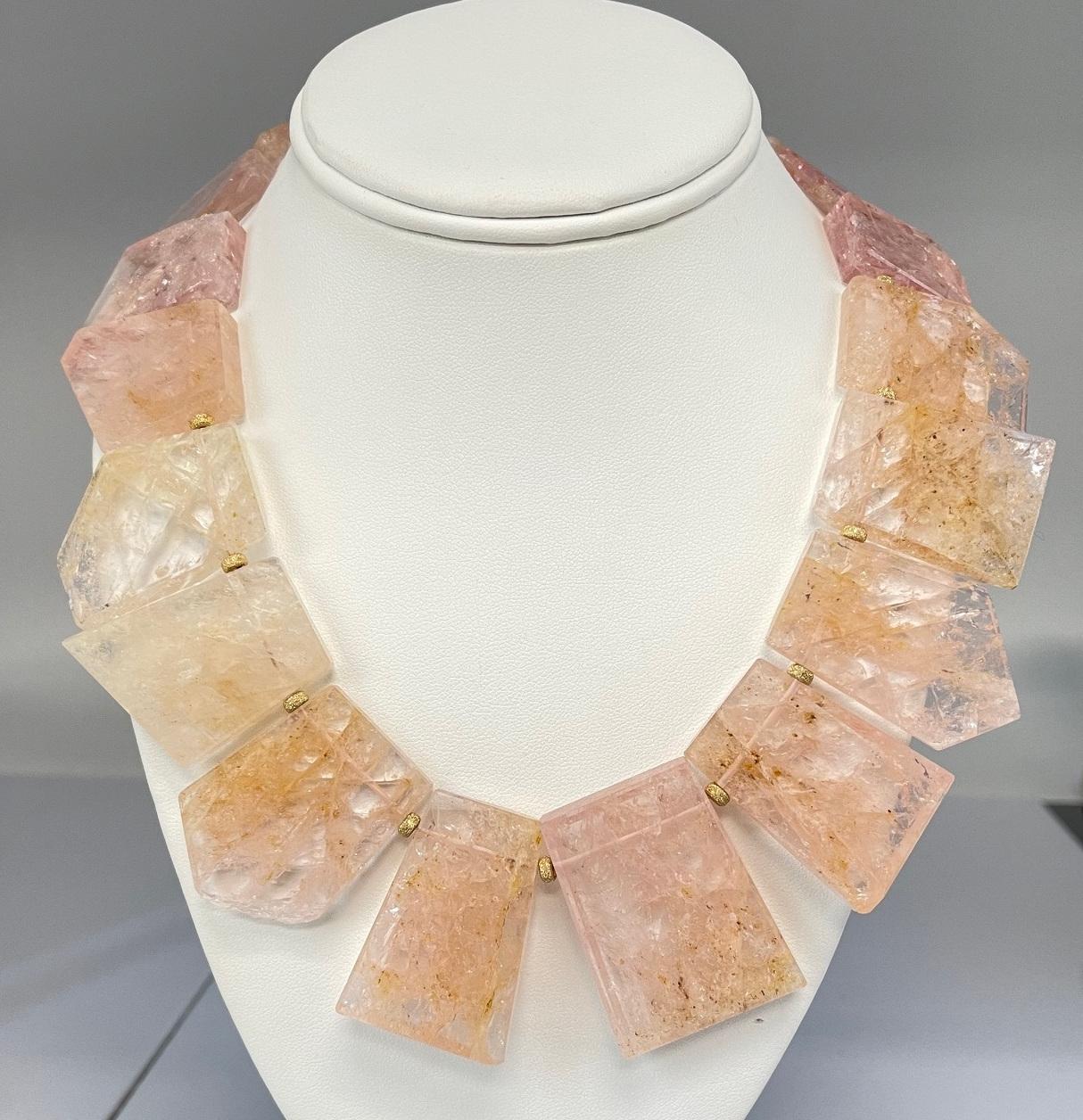 Mixed Cut Polished Morganite and 14k Yellow Gold Beaded Necklace, 18 Inches For Sale