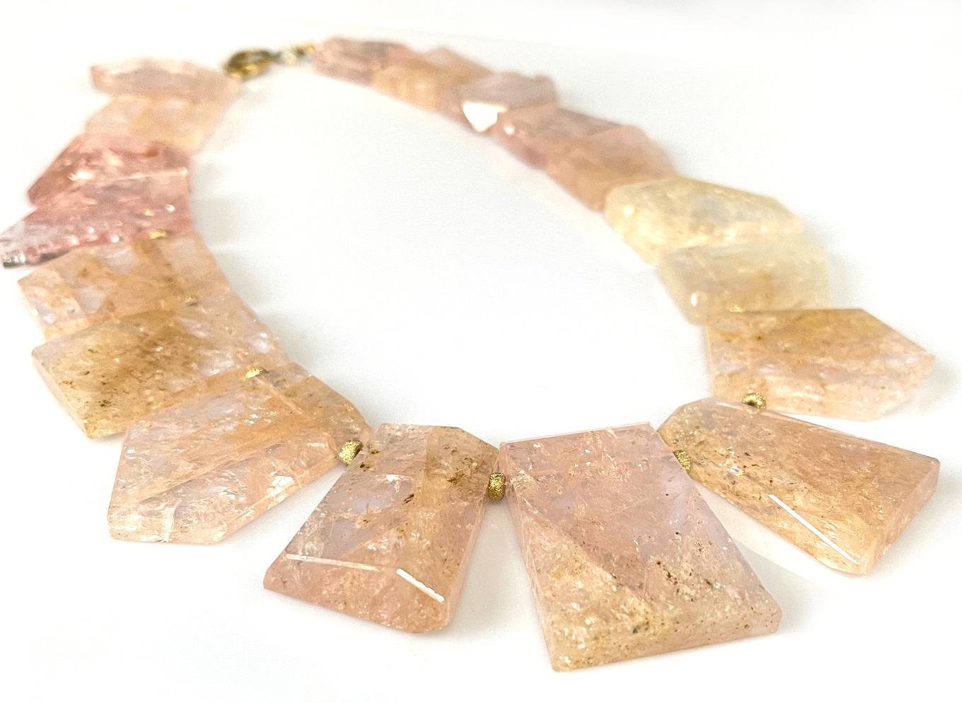 Polished Morganite and 14k Yellow Gold Beaded Necklace, 18 Inches In New Condition For Sale In Los Angeles, CA