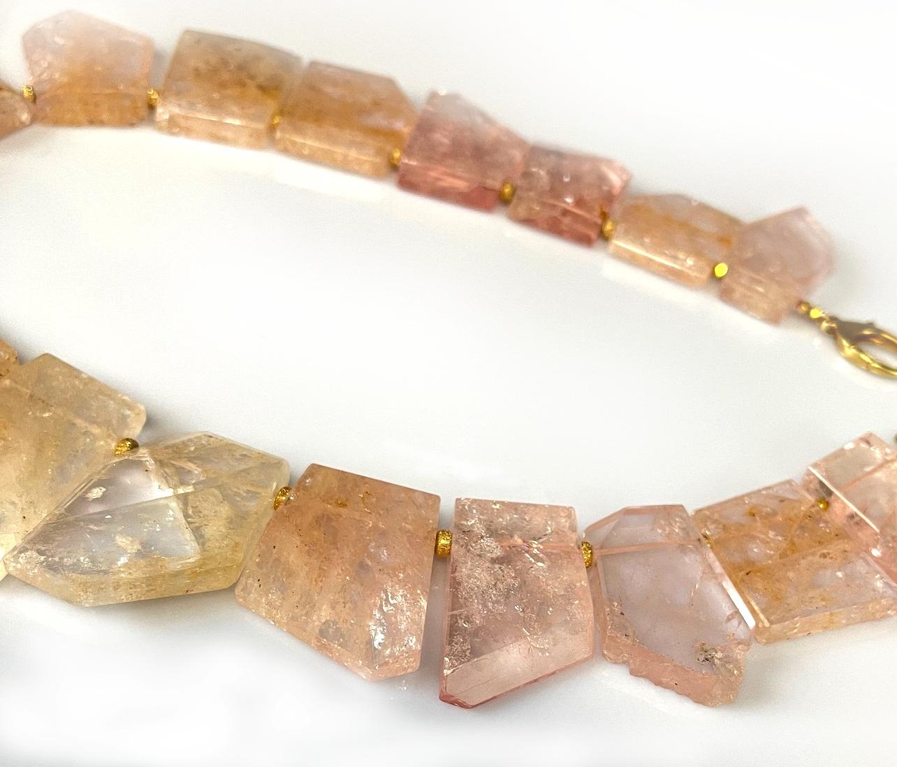 Women's or Men's Polished Morganite and 14k Yellow Gold Beaded Necklace, 18 Inches For Sale