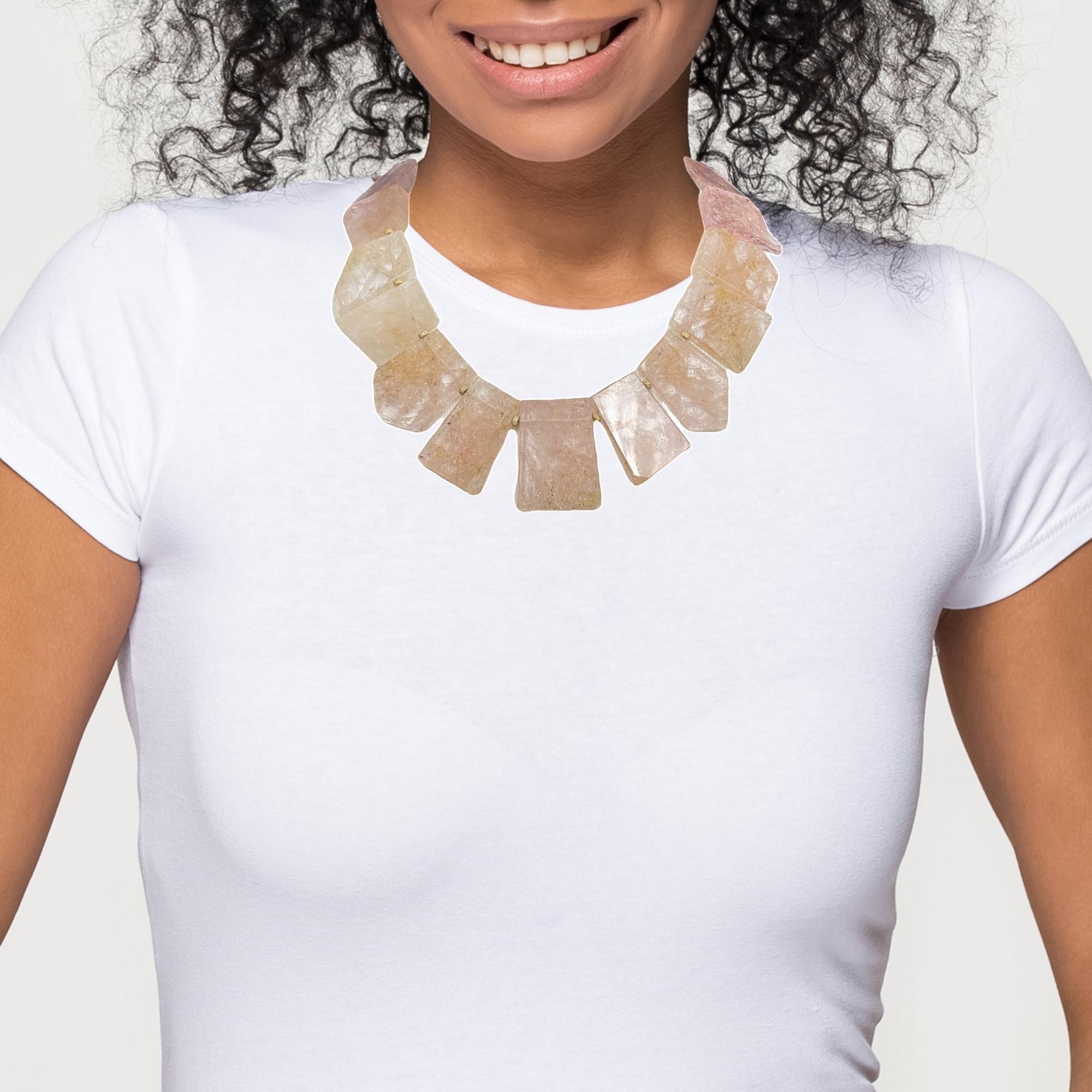 Polished Morganite and 14k Yellow Gold Beaded Necklace, 18 Inches For Sale 2