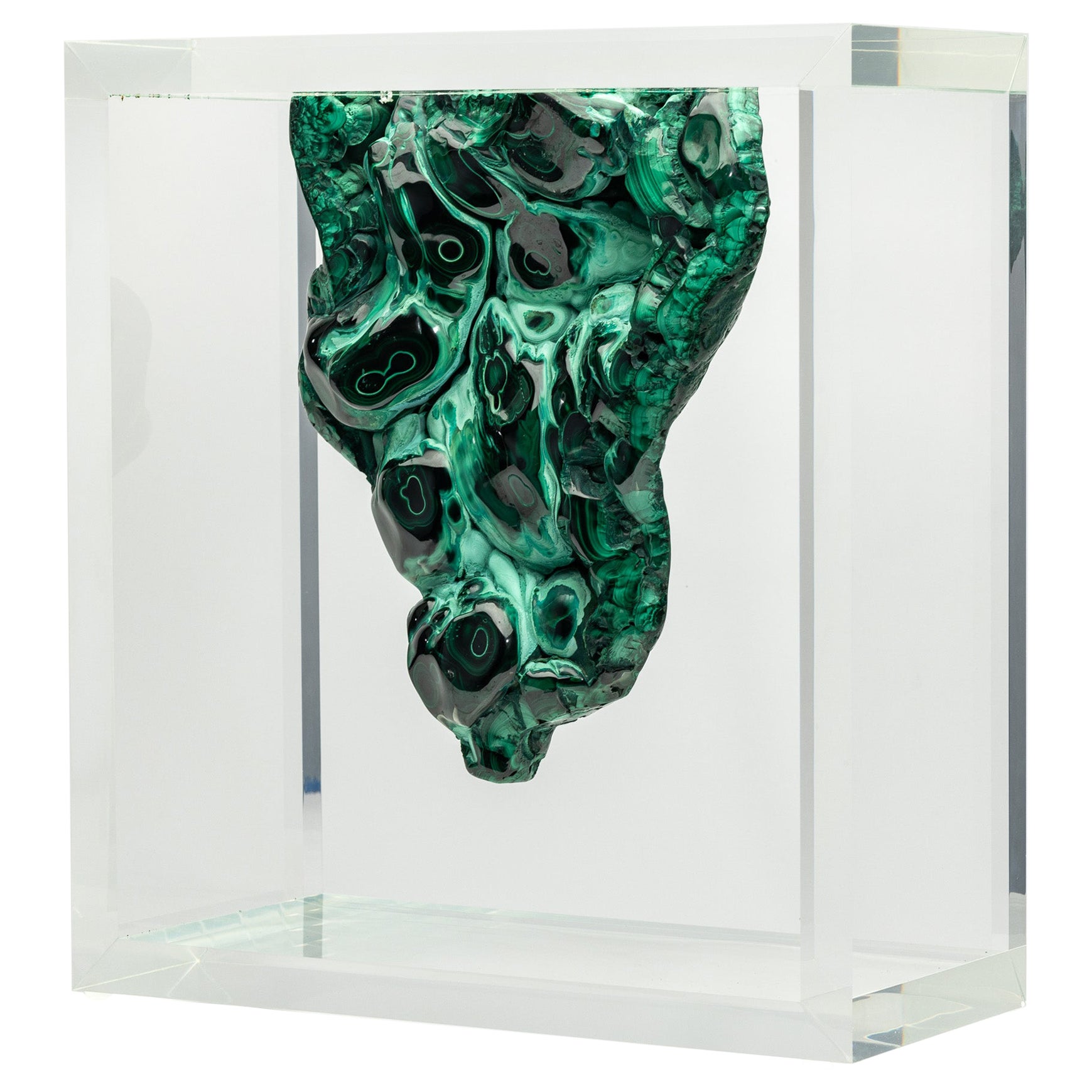 Polished natural African Malachite mounted in original design acrylic display