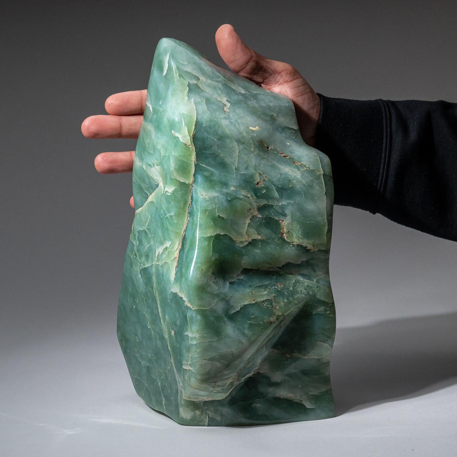 Superbe forme libre sculptée dans un morceau massif de jade de qualité gemme. Cette pièce a une couleur captivante avec un éclat brillant et de belles transparences. Il a été poli à la main pour obtenir une finition miroir. 

Connue comme la