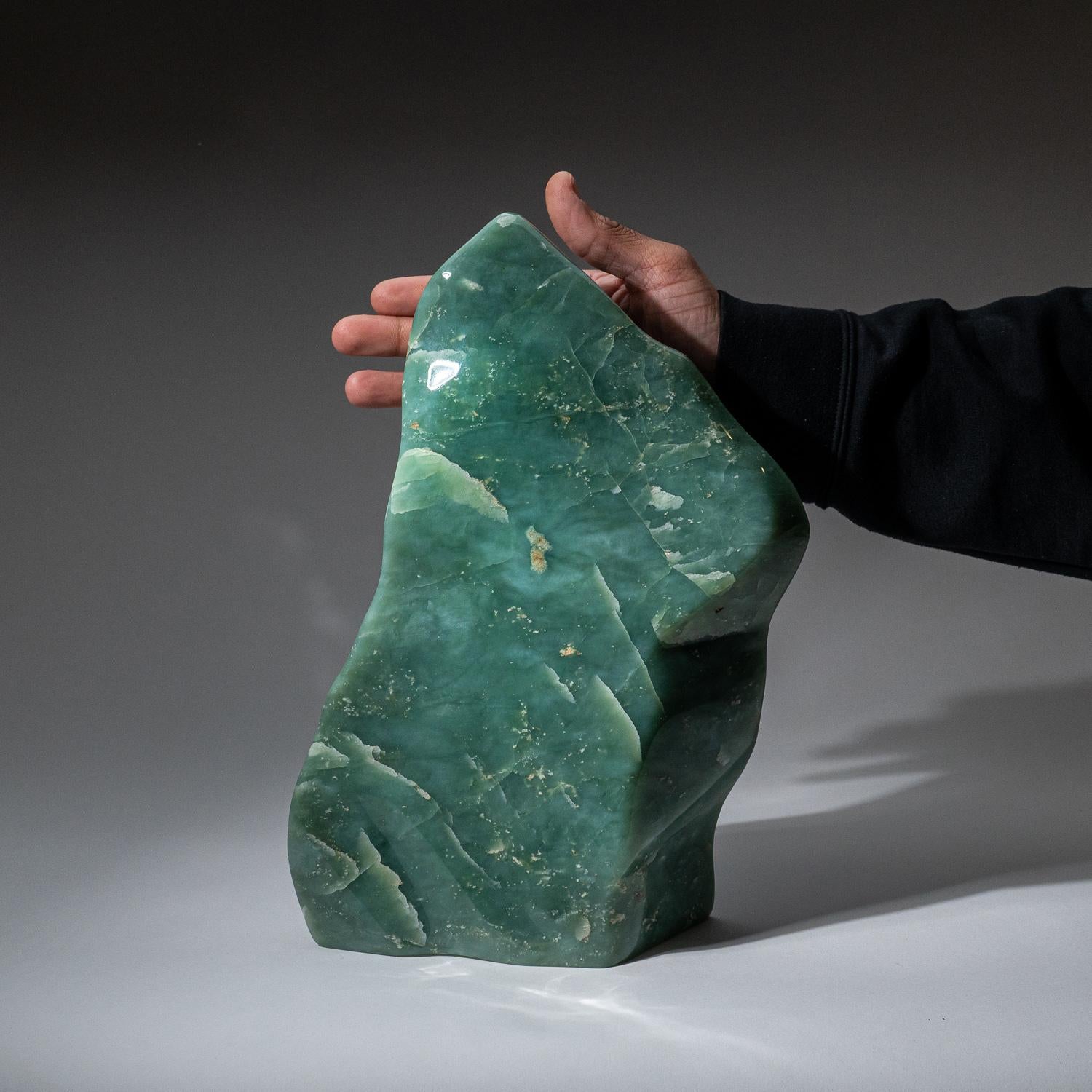 Stunning freeform carved from a solid piece of gem quality jade. This piece has a captivating color with a gleaming luster and beautiful transparencies. It has been hand polished to a mirrored finish. 

Known as the 