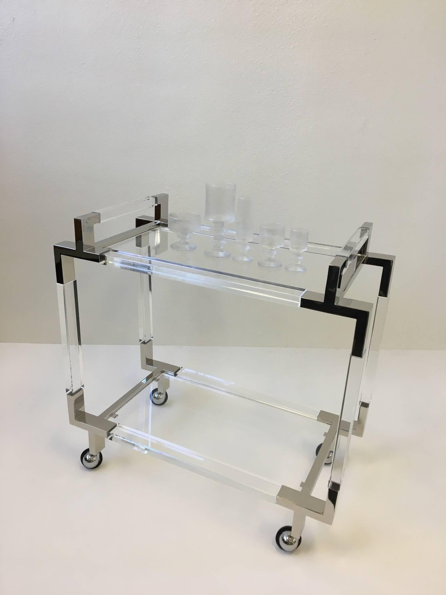 Polished Nickel and Acrylic Bar Cart by Charles Hollis Jones In Excellent Condition In Palm Springs, CA