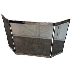 Polished Nickel and Black Metal Mesh Adjustable Three-Panel Fire Screen