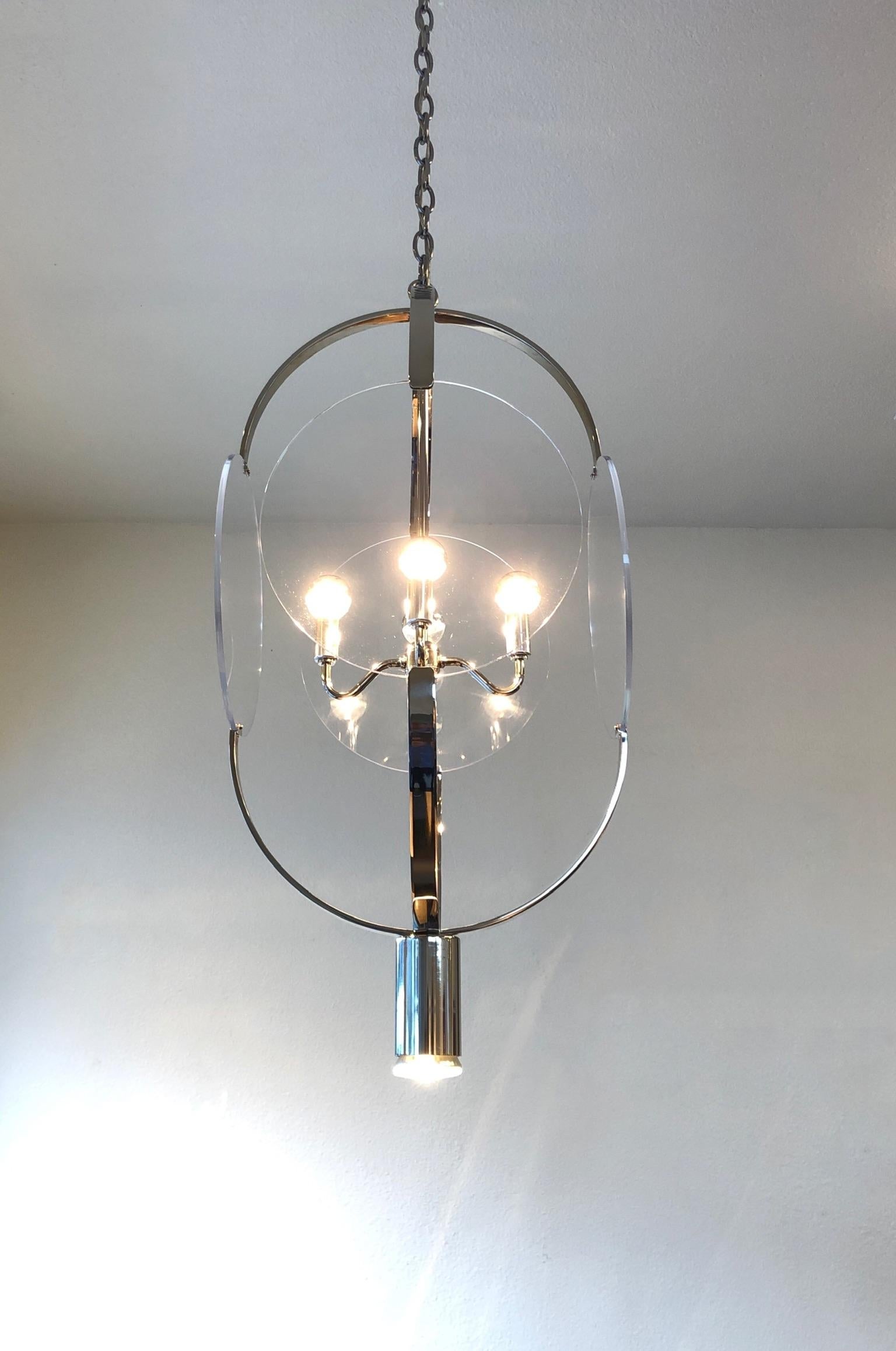 Modern Polished Nickel and Lucite Pendant Chandelier by Charles Hollis Jones For Sale