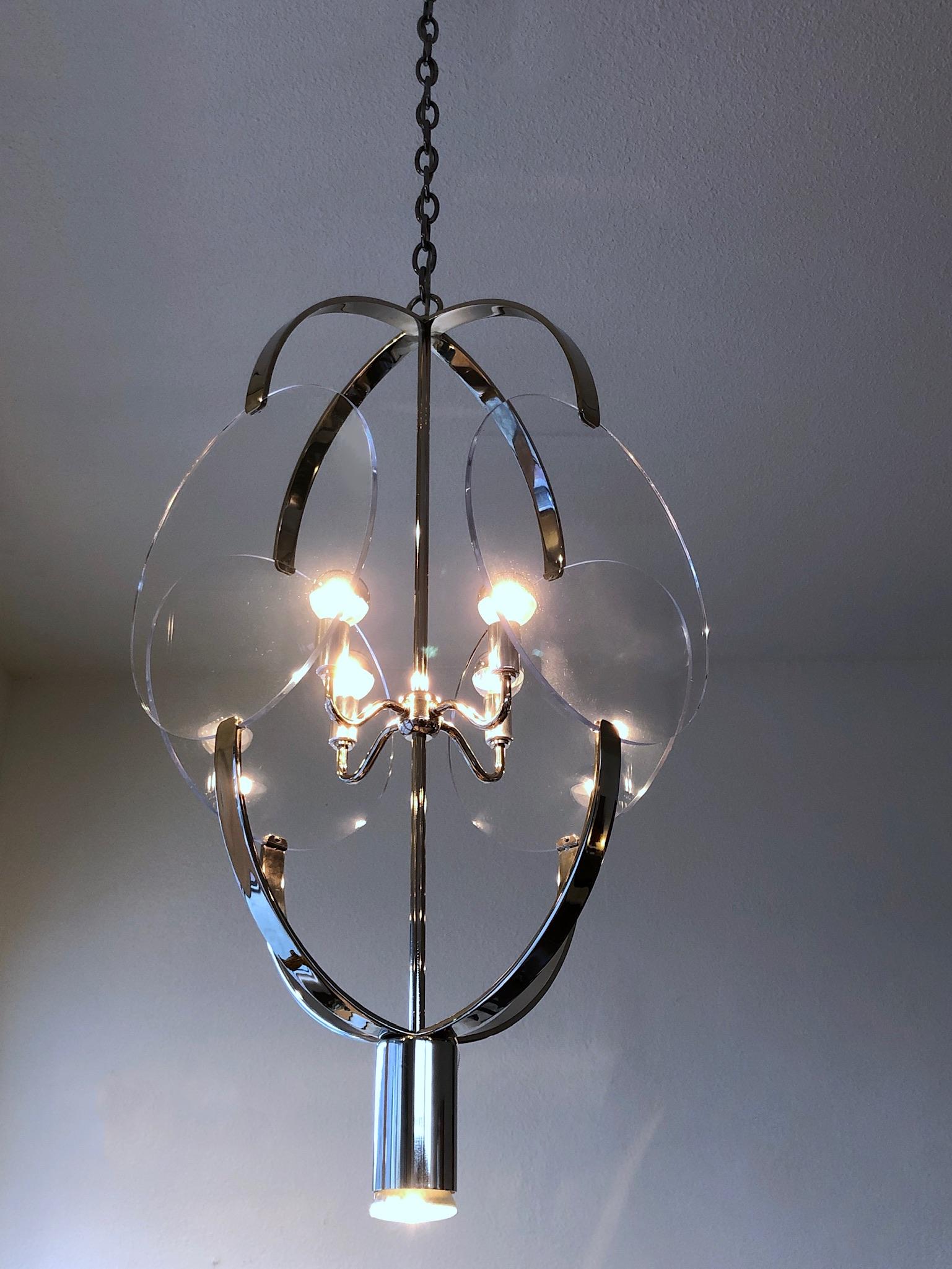 American Polished Nickel and Lucite Pendant Chandelier by Charles Hollis Jones For Sale