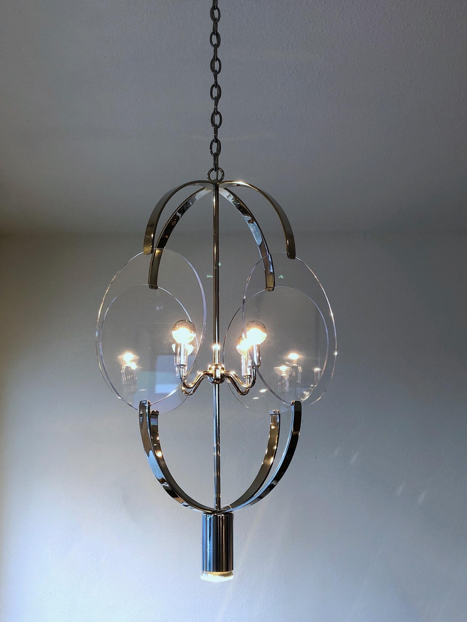 Polished Nickel and Lucite Pendant Chandelier by Charles Hollis Jones In Excellent Condition For Sale In Palm Springs, CA
