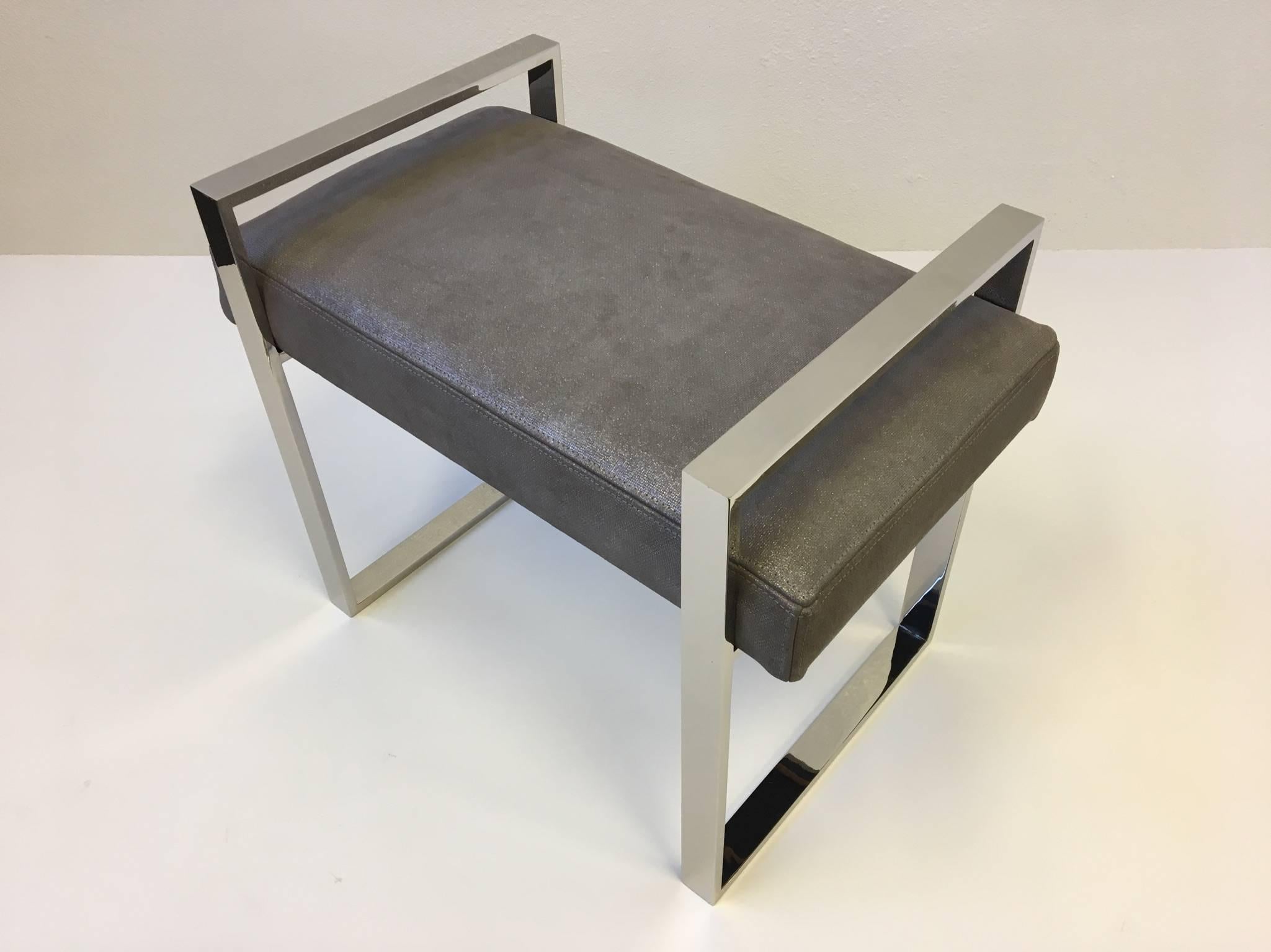 Modern Polished Nickel and Suede Leather Bench by Charles Hollis Jones