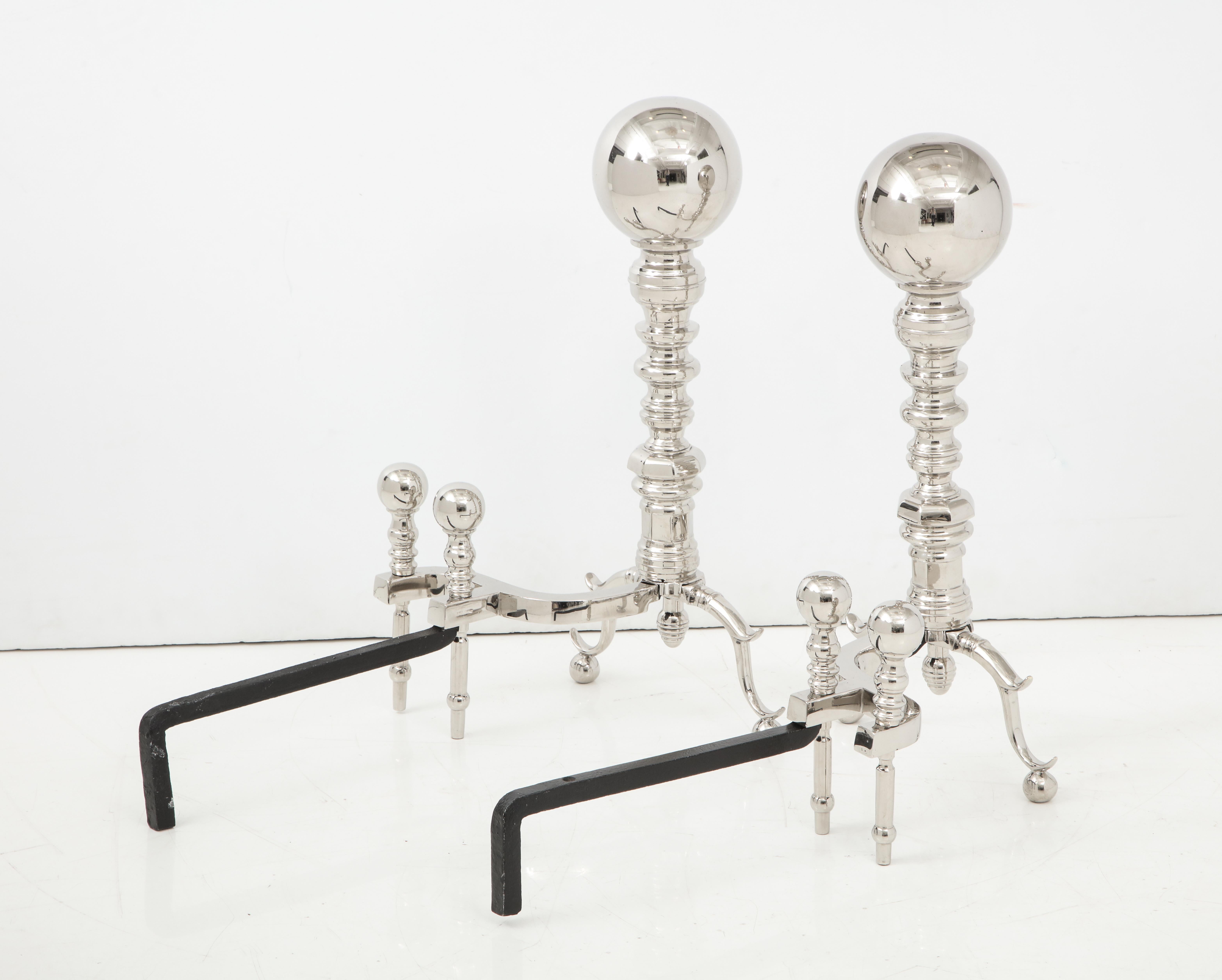 Hollywood Regency Grand Scale Polished Nickel Cannonball Andirons