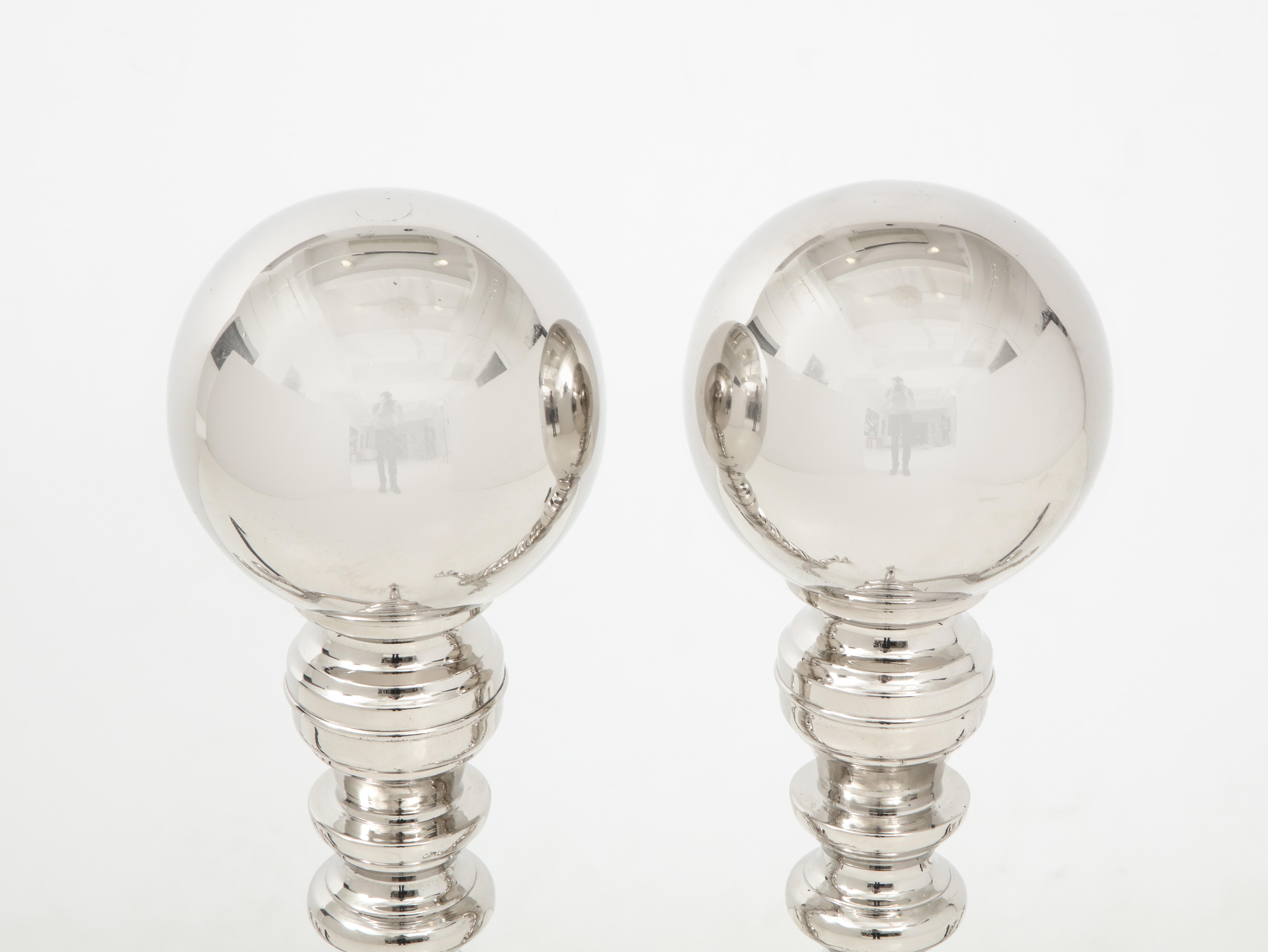 American Grand Scale Polished Nickel Cannonball Andirons