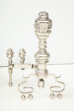 Large Scale Polished Nickel Engine Turned Andirons