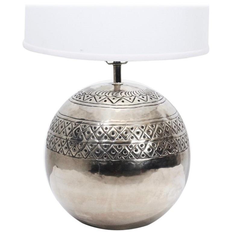 Sculptural lamp by Sarreid Ltd, Spain, circa 1970s. Polished nickel plated over brass. Lamp base orb measures 11