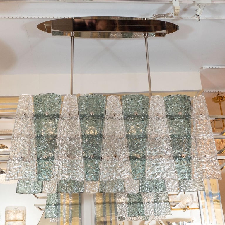 Polished Nickel Linear Chandelier with Triangular Textured Blue and ...