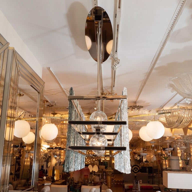 Polished Nickel Linear Chandelier with Triangular Textured Blue and ...