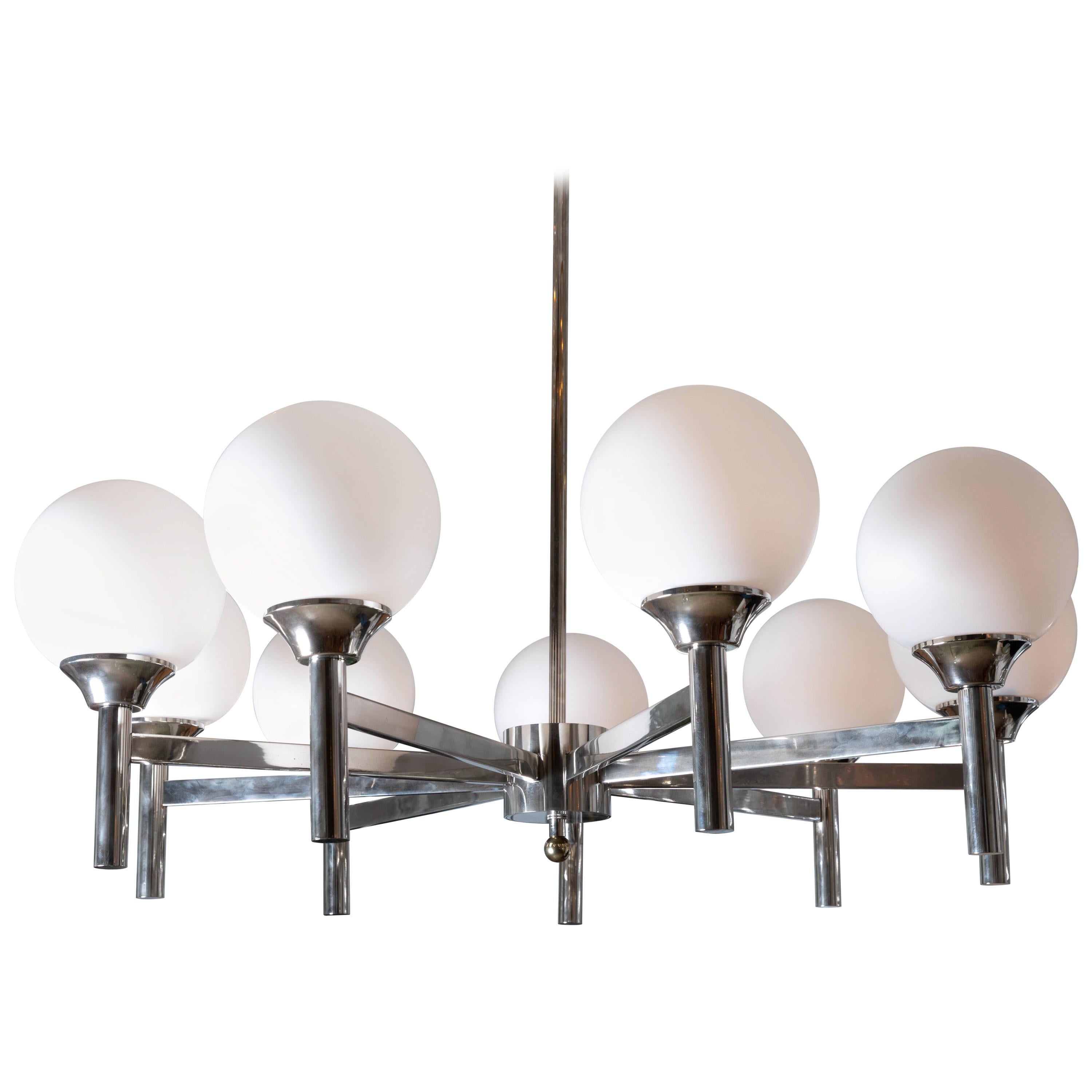 Polished Nickel "Spoke" Form Nine-Arm Chandelier with Frosted Glass Shades