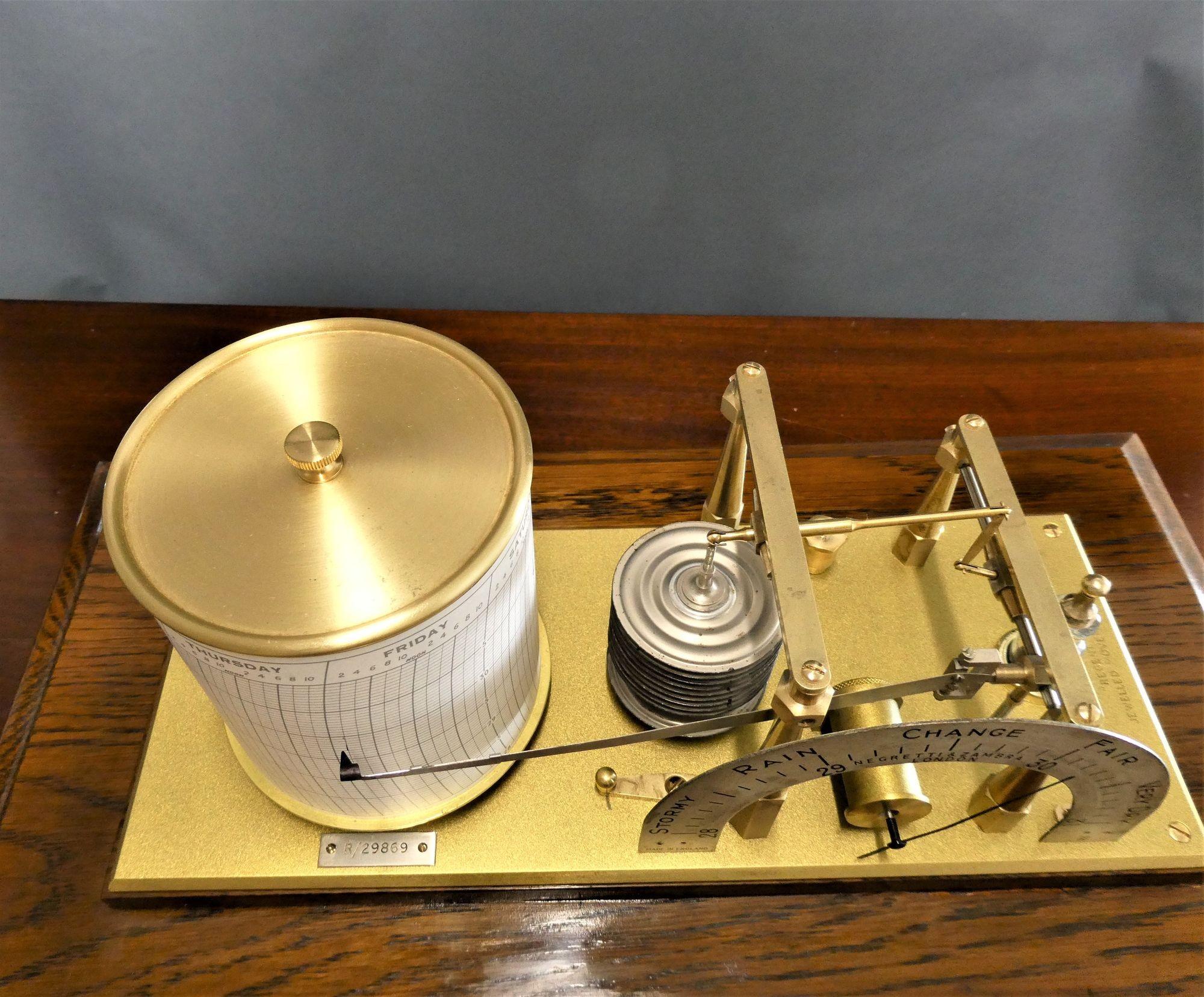 Brass Polished Oak Barograph and Barometer by Negretti & Zambra, London For Sale