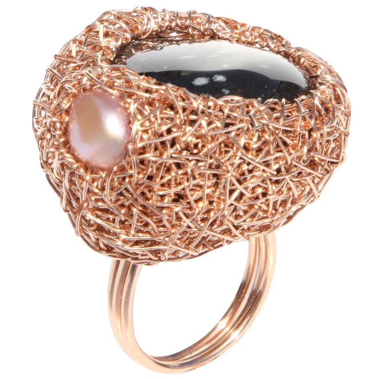 Polished Obsidian and Pearl Pink Gold Cocktail Statement Ring For Sale at 1stdibs