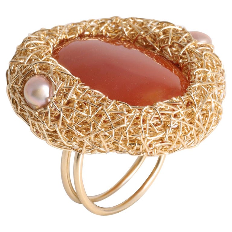 Polished Oval, Natural Carnelian and Pink Pearl Gold Cocktail Statement Ring For Sale at 1stdibs