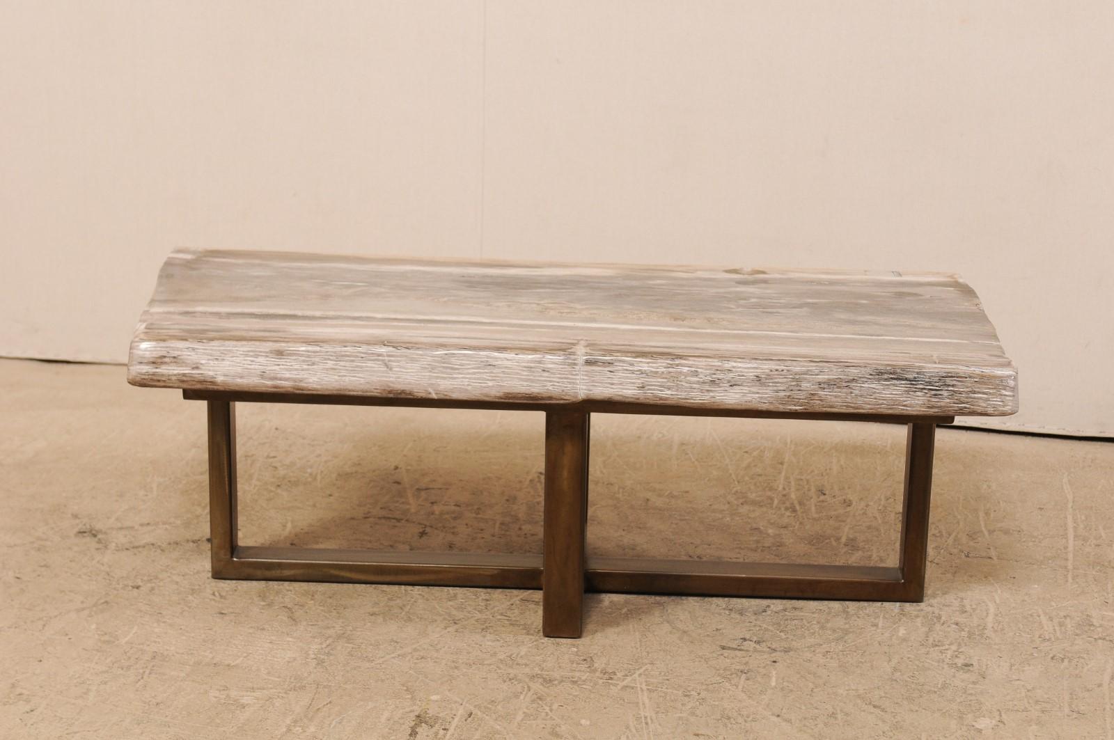 Polished Petrified Wood Coffee Table or Bench with Modern Metal Base 5