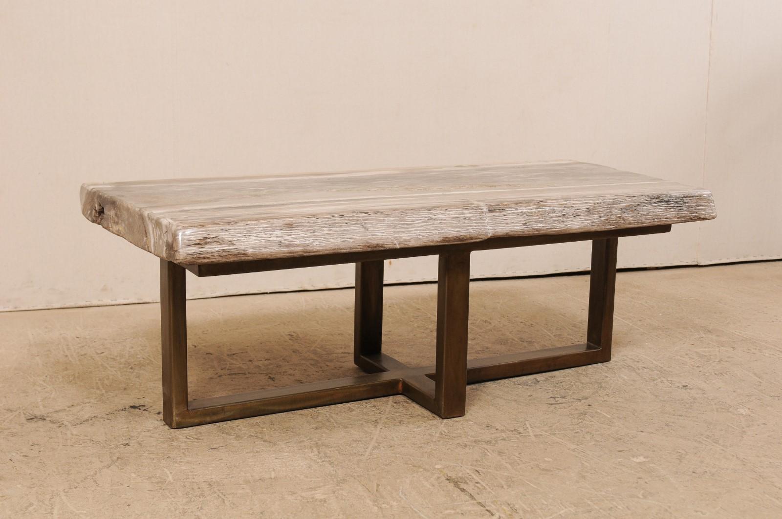 A petrified wood top modernly designed coffee table (or bench). This custom coffee table has been fashioned from a gorgeous single thick slab of smoothly polished petrified wood. This petrified wood top, with is soothing grey and white palette, is