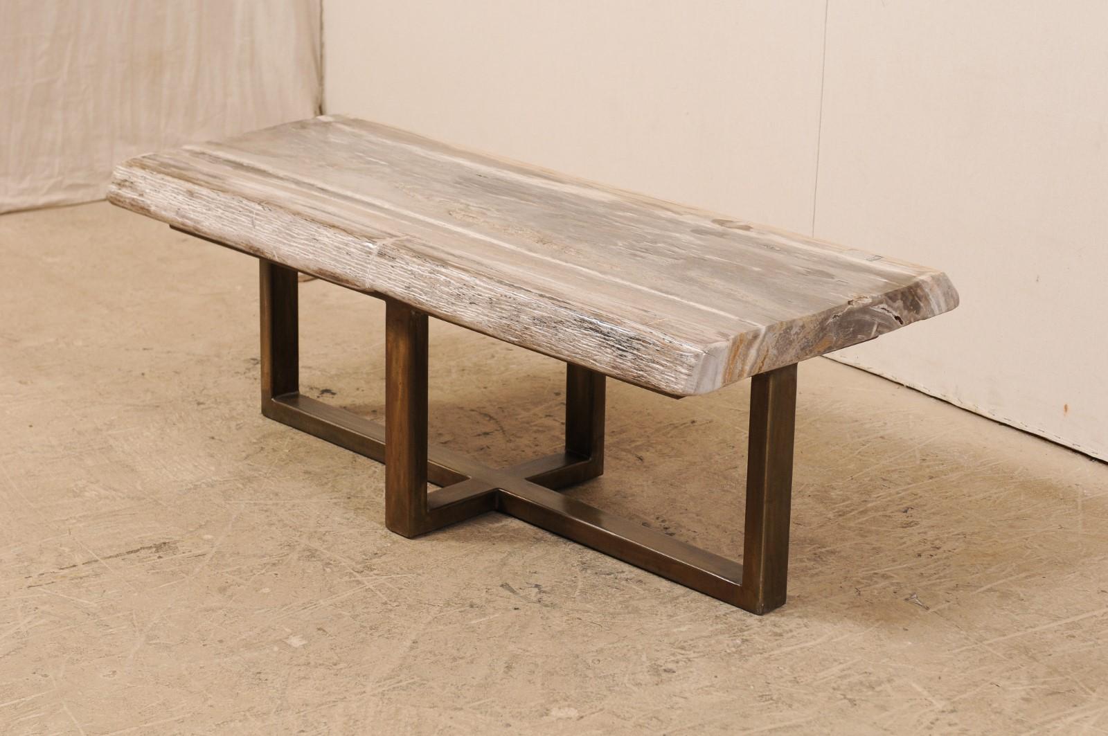 Mid-Century Modern Polished Petrified Wood Coffee Table or Bench with Modern Metal Base
