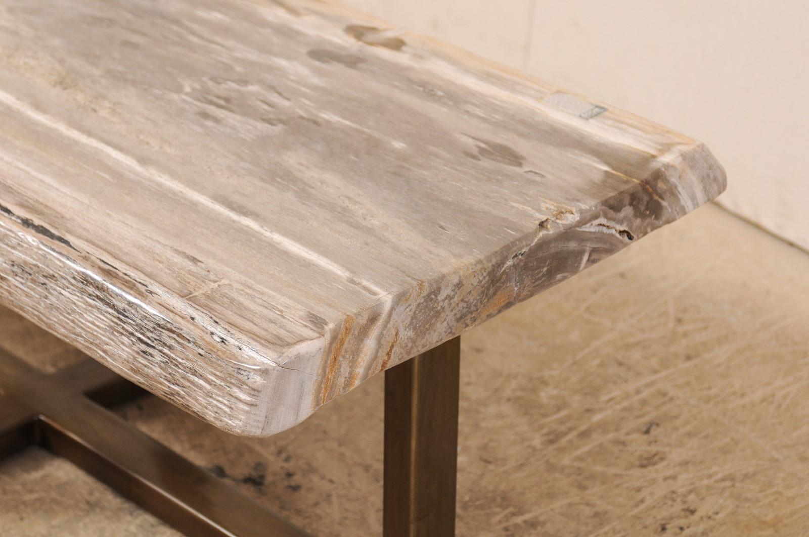 Contemporary Polished Petrified Wood Coffee Table or Bench with Modern Metal Base