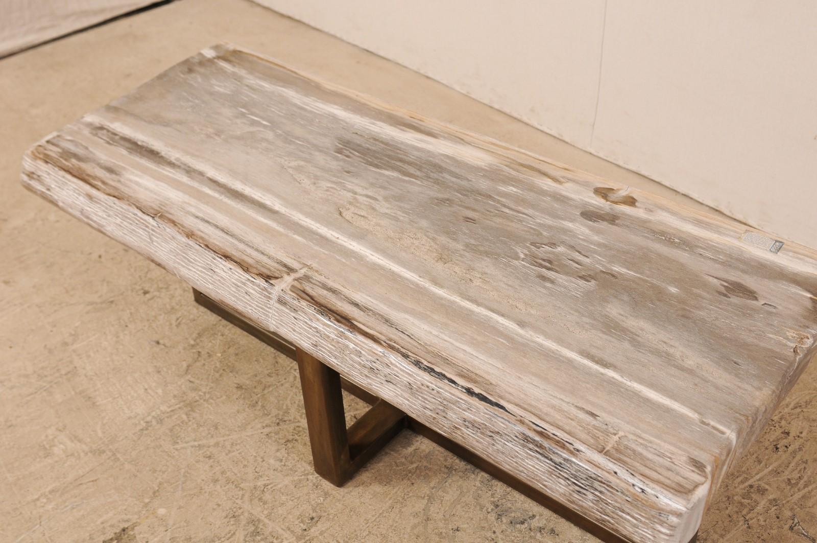 Polished Petrified Wood Coffee Table or Bench with Modern Metal Base 1