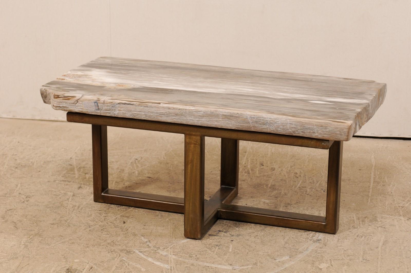 Polished Petrified Wood Coffee Table or Bench with Nice Modern Metal Base In Good Condition For Sale In Atlanta, GA