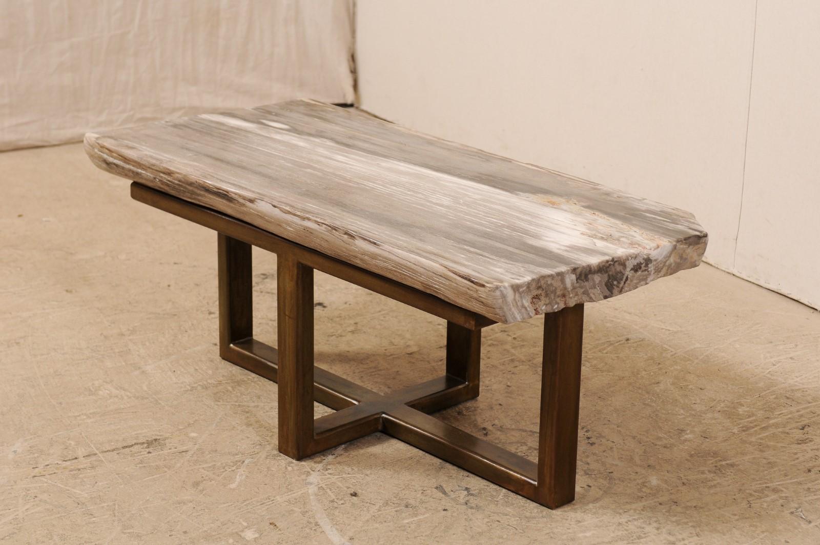 Contemporary Polished Petrified Wood Coffee Table or Bench with Nice Modern Metal Base For Sale